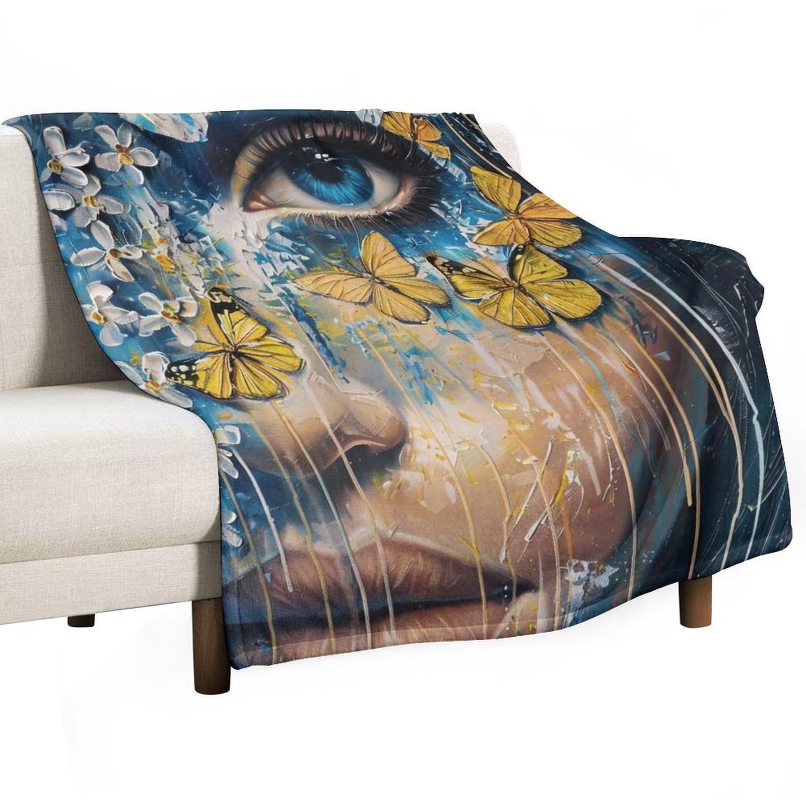 YHGSREUOH Blue Eye Floral Butterfly Woman Surreal 02 Flannel Blankets Fleece Soft Throw Lightweight Plush Gifts for Couch, Bed, Cozy Sofa Plush, Chair, Lovers 130x150cm(50x60in)