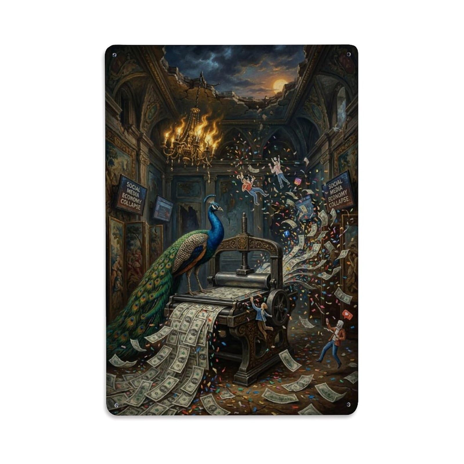 Peacock Vanity Economy Satire Surreal Vintage Animal Retro Metal Tin Sign Plaque Wall Decor for Cafe, Man Cave, Club Bar, Office, Home Garden Round Metal Poster 8x12Inch