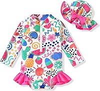 Vista 62 de Aalizzwell Traje de baño de una pieza de manga larga con sombrero para bebé niña Sirena cian