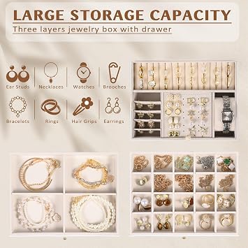 3 Layer Jewelry Boxes for Women with Mirror Large Jewelry Organizer Box with 2 Jewelry Organizer Drawer PU Lockable Elegant Unique Gifts for Mom Wife,White