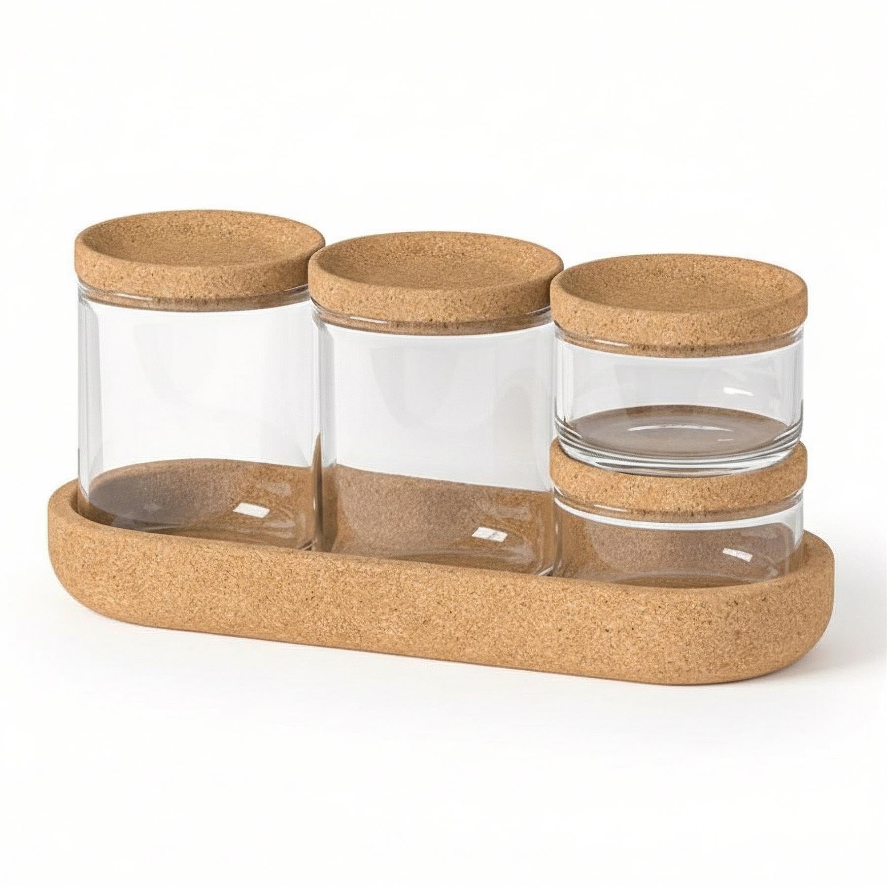 GEEZY 5 Piece Storage Jars with Lids, Apothecary Makeup Organiser Set - 4 Containers with Cork Base - Cotton Pad & Bud Holder, Vanity Storage for Bathroom, Dressing Table, Skincare, Hair Accessories