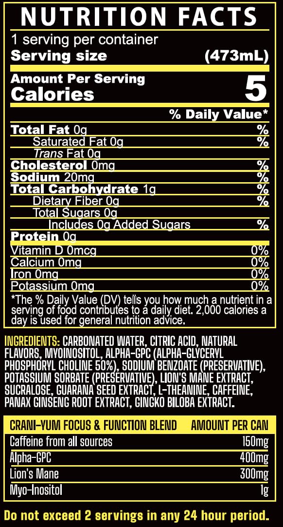 Crani-Yum Nootropic Energy Drink 12 Pack (Grapefruit Soda) 16oz - Energy & Focus, Sugar Free, No Artificial Colors, Lion's Mane, Alpha GPC, L-Theanine, Gingko Biloba, Ginseng, Inositol