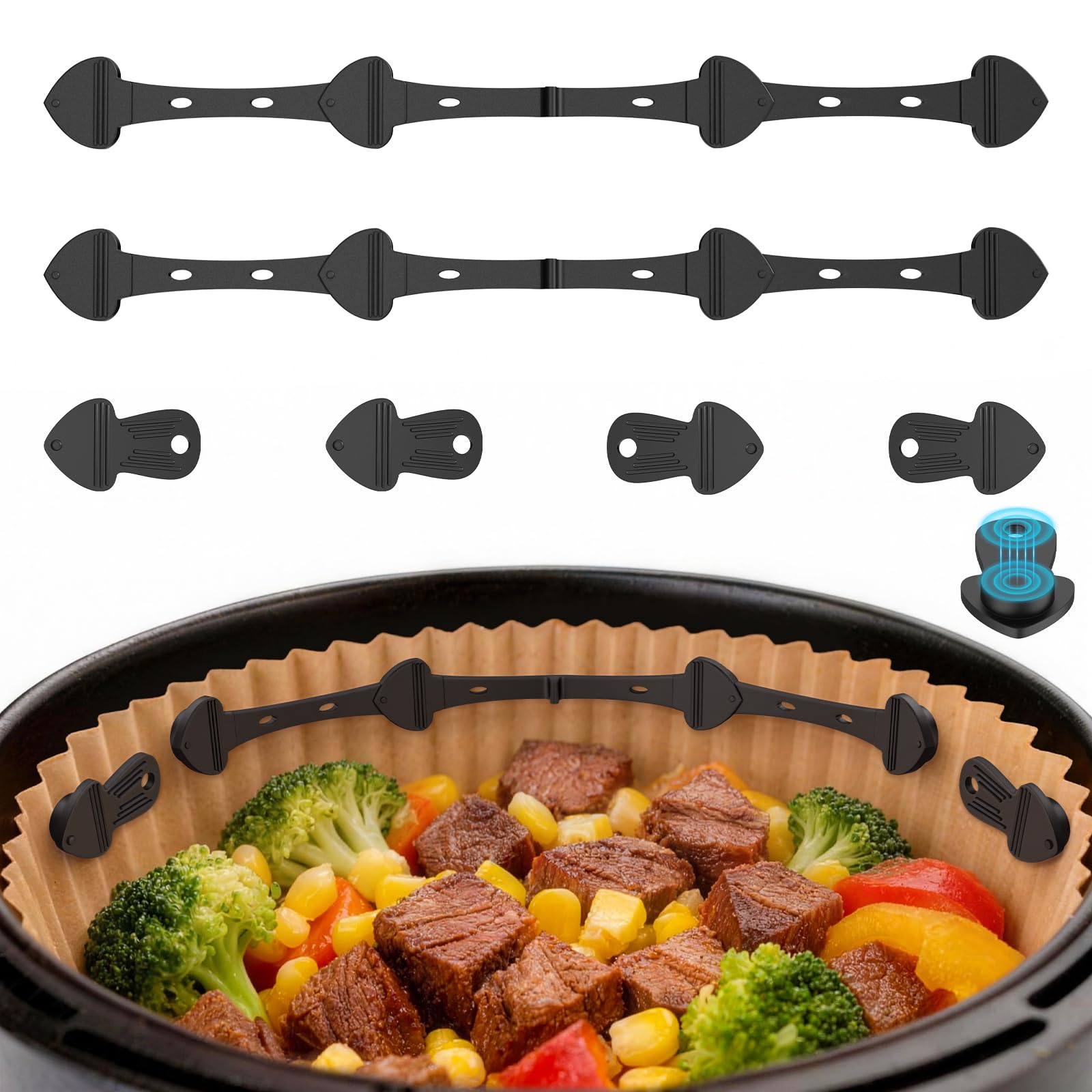 Alyvisun 6 Pcs Air Fryer Silicone Magnets, Reusable Airfryer Magnets for Paper Liners, Helps Prevent Parchment Paper Slipping, Fits Single & Dual Basket Air Fryers, Black
