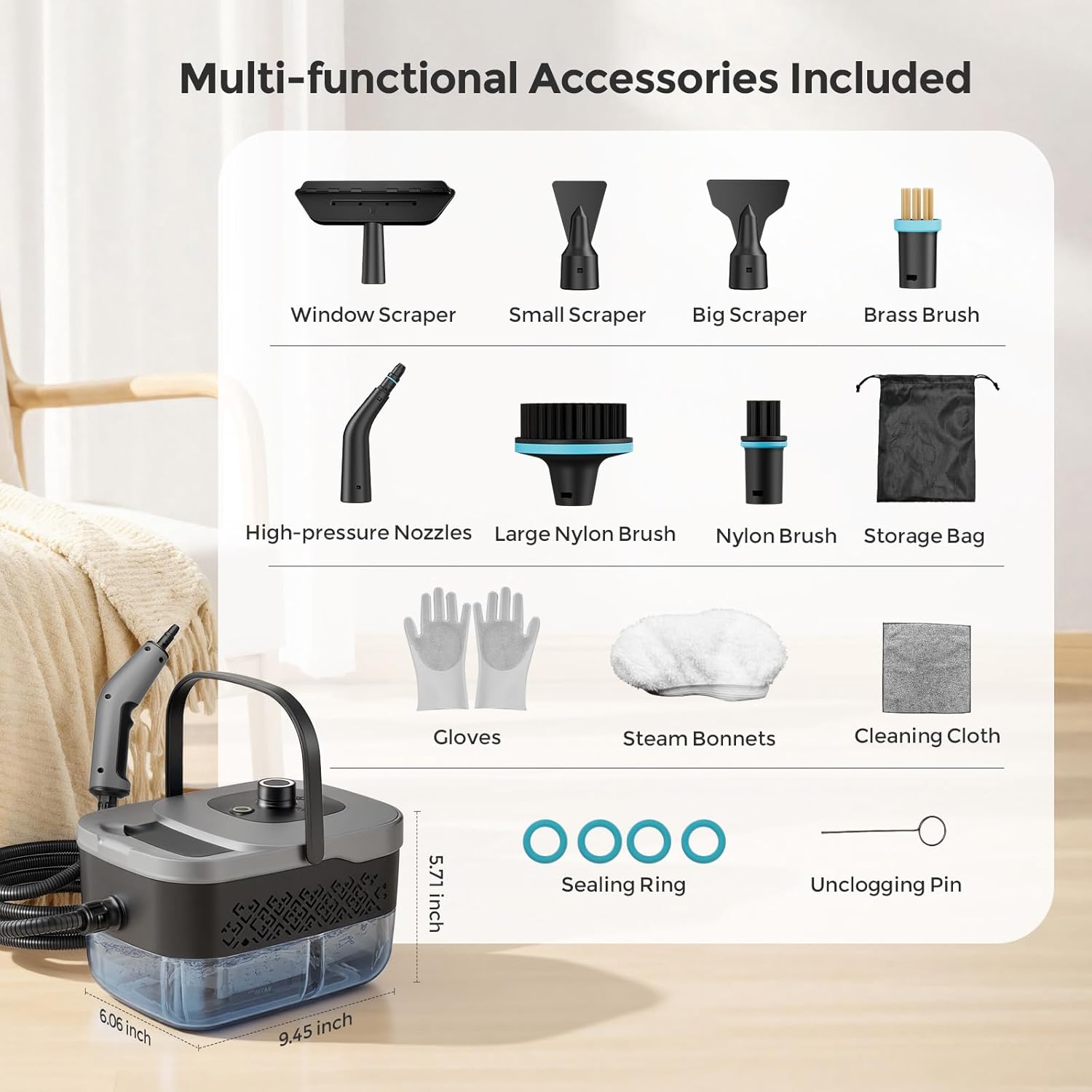 Steam Cleaner, Portable Steam Cleaner for Home with 1500W High Pressure, 15s Heat-Up,1600ML Large Tank, Handheld Steam Cleaner for Cleaning Upholstery, Tile, Car, Bathroom, Grout, Floor (Grey)