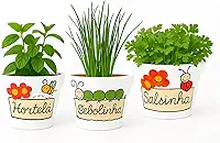 Kit 3 Vasos de Barro Decorados para Condimentos – Cebolinha, Salsinha e Hortelã