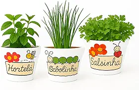 Kit 3 Vasos de Barro Decorados para Condimentos – Cebolinha, Salsinha e Hortelã