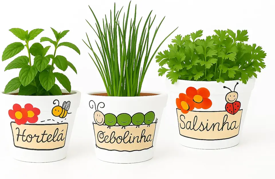 Kit 3 Vasos de Barro Decorados para Condimentos – Cebolinha, Salsinha e Hortelã