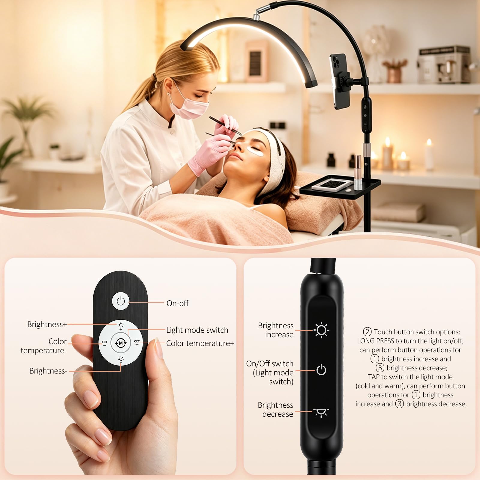 Lámpara LED de pestañas de media luna, giratoria 320° y 5 colores regulables, altura ajustable de 85 – 125 cm, CRI≥95, lámpara cosmética con control táctil para extensiones de pestañas
