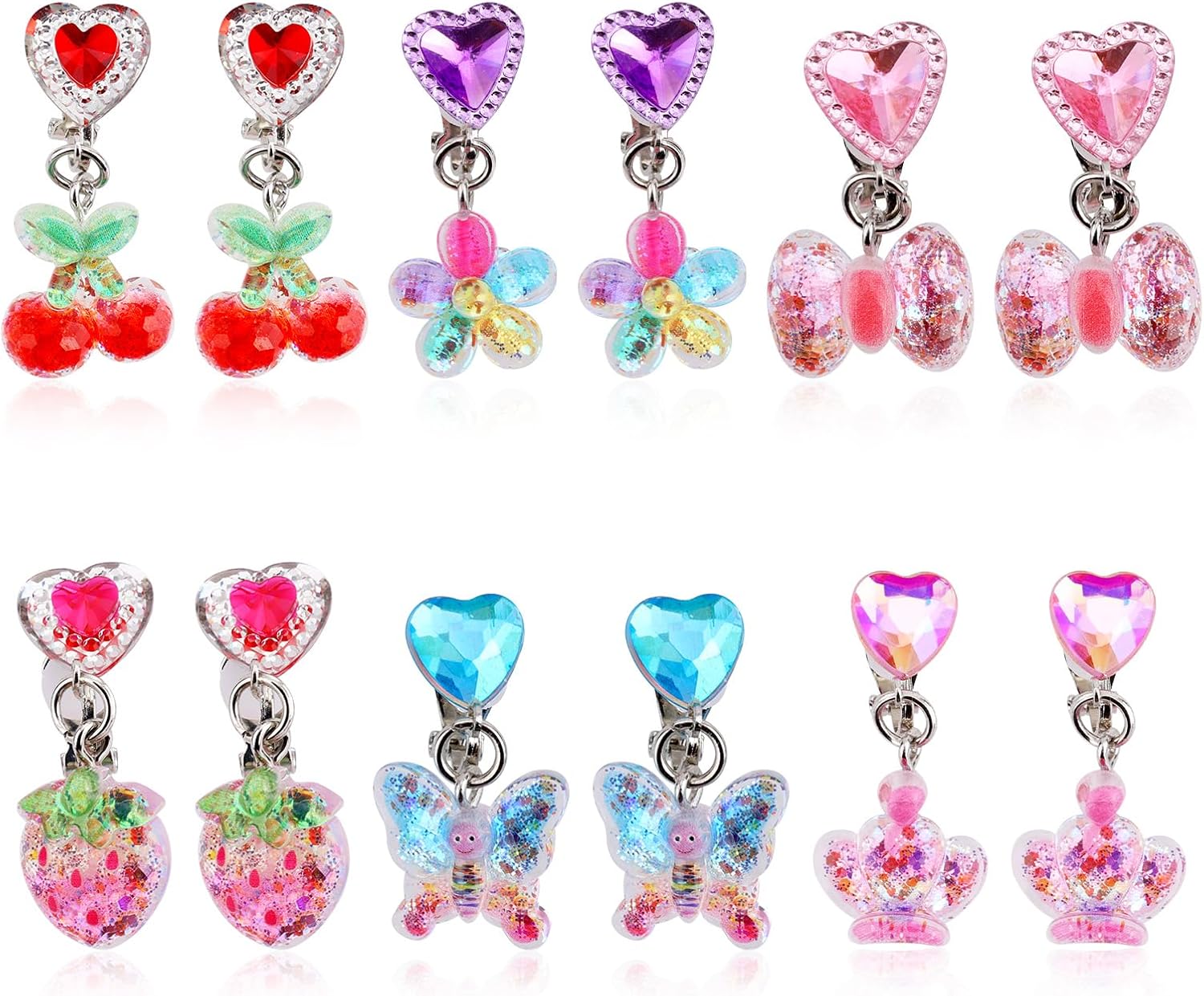 6 Pairs Colorful Clip on Drop Earring, Resin No Pierced Kid Earring Butterfly Strawberry Ear Jewelry for Party Daily Dress Up