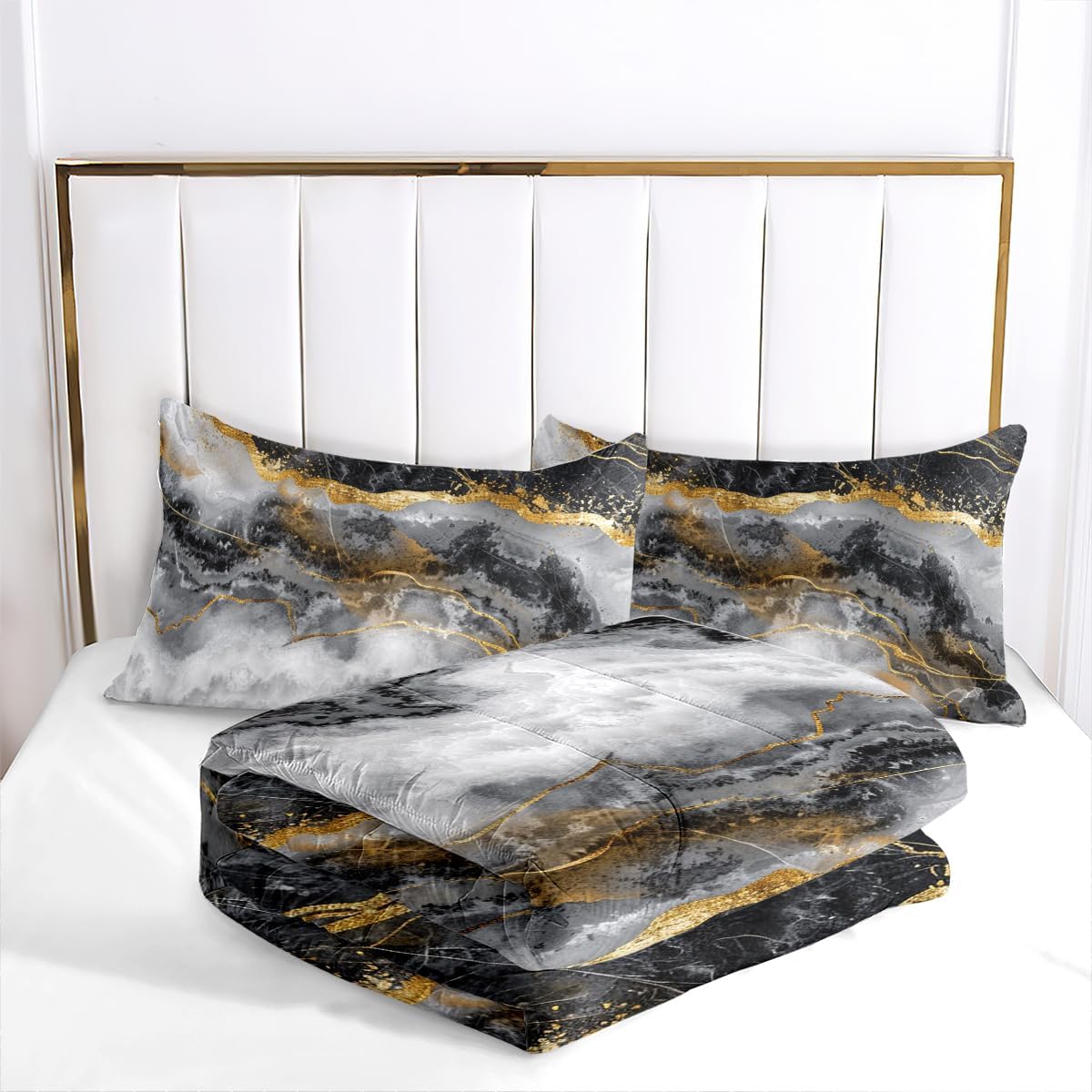 CCoutueChen Black Grey Marble Comforter Set King Size Gold Glitter Marbling Bedding for Kids Teens Adult Bedroom Watercolor Grey Bedding Comforter Sets Modern Marble Aesthetic Down Comforter