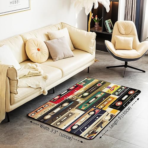 Miniatura 3 de jejeloiu Alfombras con estampado de radio Boombox para sala de estar, dormitorio, para niños y niñas, alfombra decorativa retro de 3 x 5 pies,