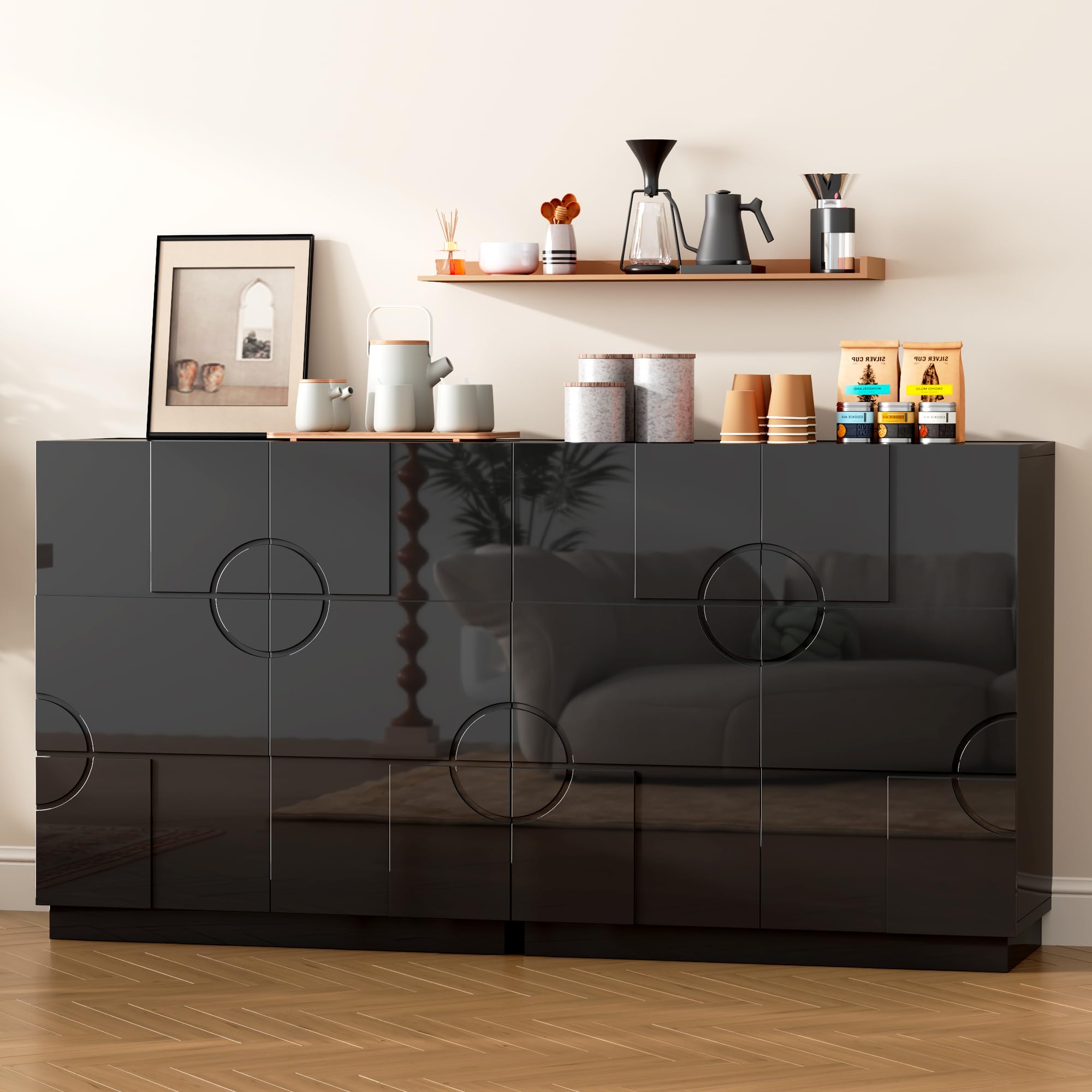 LVSOMT Moderne Sideboard Wohnzimmer, 85cm Hoch Buffetschrank Holz | Kommode mit 2 Türen,Verstellbares Regal,Geometrisches Musterdesign,Schrank Für Esszimmer Schlafzimmer Flur, Schwarz Hochglanz