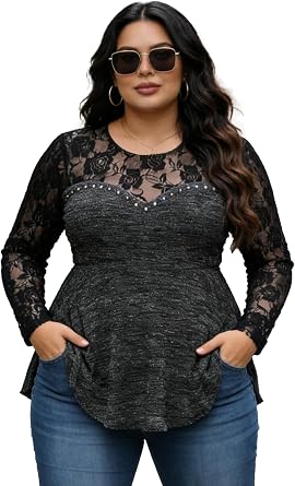 Nihsatin Womens Elegant Plus - Size Lace - Paneled Peplum Tank Top