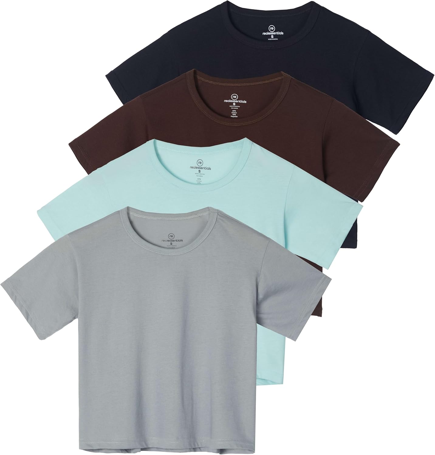 Real Essentials 4 Pack: Women's Cotton Short Sleeve Crop Top – Cropped Casual Crew Neck T-Shirts (Available in Plus Size)