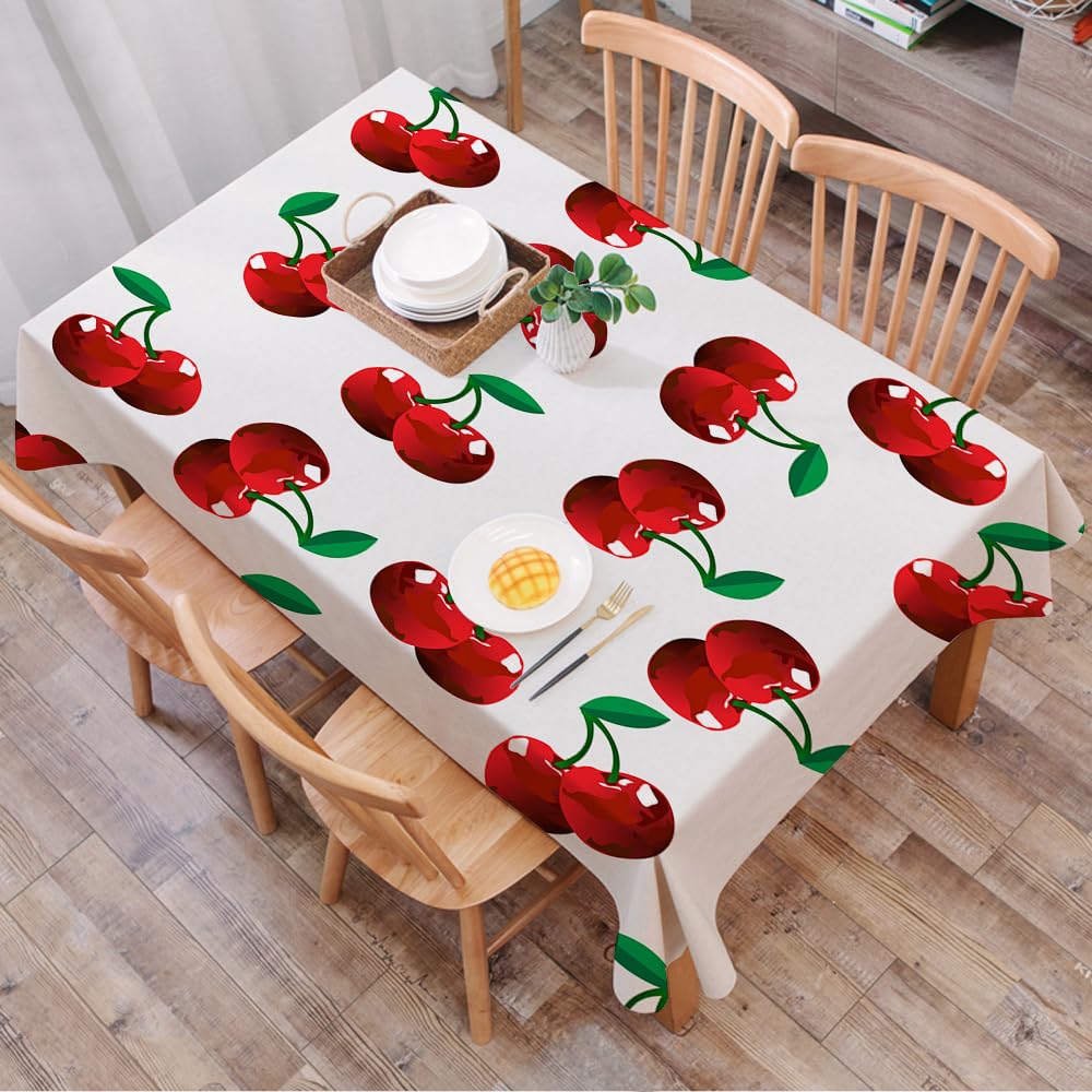Dalexhm Cartoon Art, Repeating Red Cherries On White - A5 Table Cloth Wipe Clean Rectangular, Wipeable Tablecloths,Dining Table Cover For Kitchen Outdoor Garden Table,Cartoon Art, Repeating Red Cherries On White Background,54X72 In