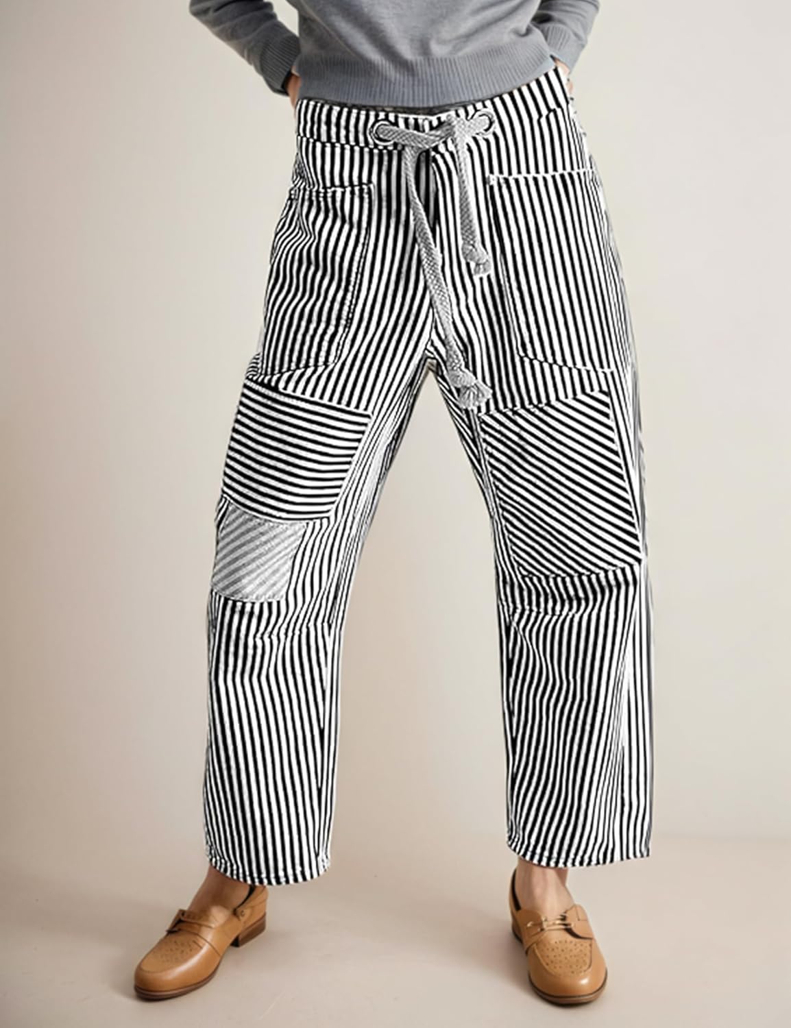 Barrel Jeans for Women Striped Drawstring Patchwork Pants Wide Leg Boyfriend Denim Pants - Image 3