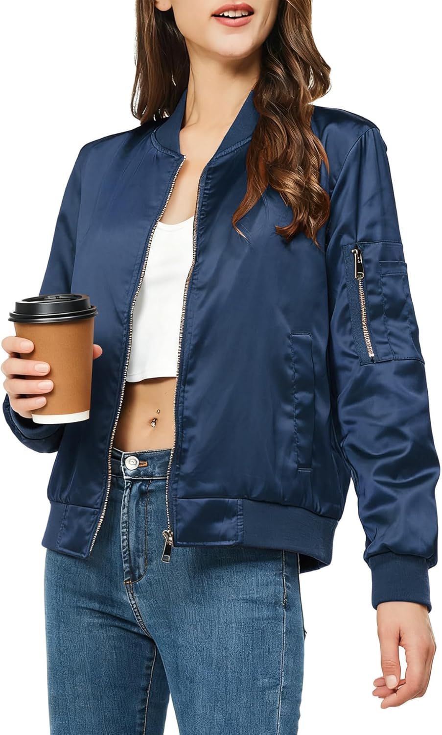 Rasujie Satin Bomber Jacket Women Zip Up Varsity Jacket Fall Windbreaker Outerwear with Pockets