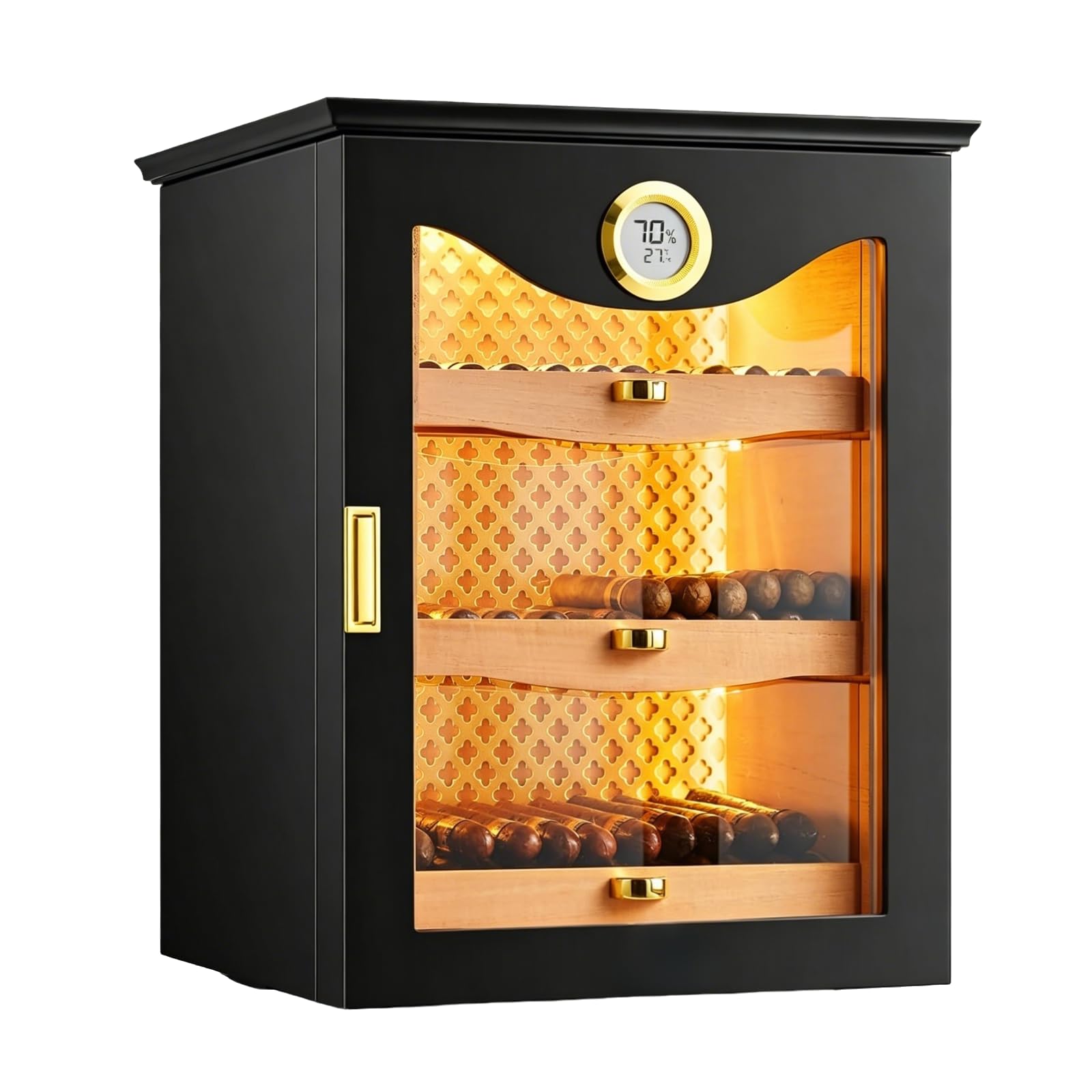 ZHENYUWANG Cigar Humidor, Holds 130 Cigars, Compact Cedar Wood Humidor, Equipped With An Adjustable Humidifier And Electronic Hygrometer, Designed For Cigar Aficionados black