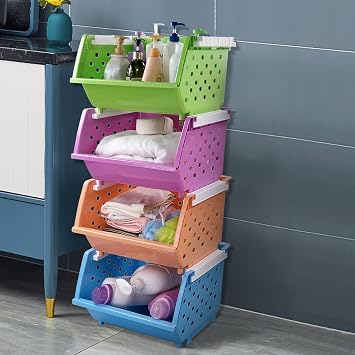 Pekky 4-Pack Large Stackable Storage Bins, Colored Plastic Stacking Basket