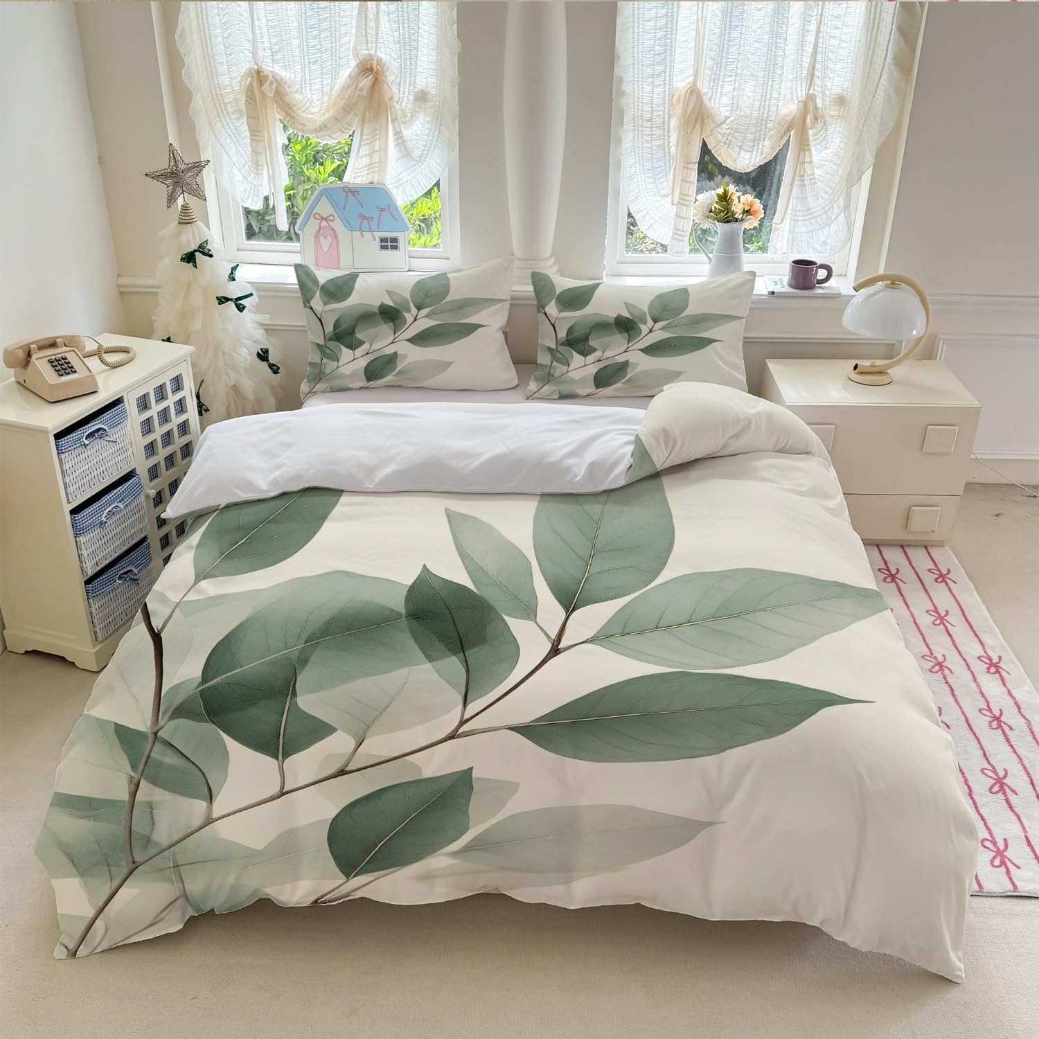 Housse de couette 240x260 cm à motif feuilles vertes imprimées pour lit double