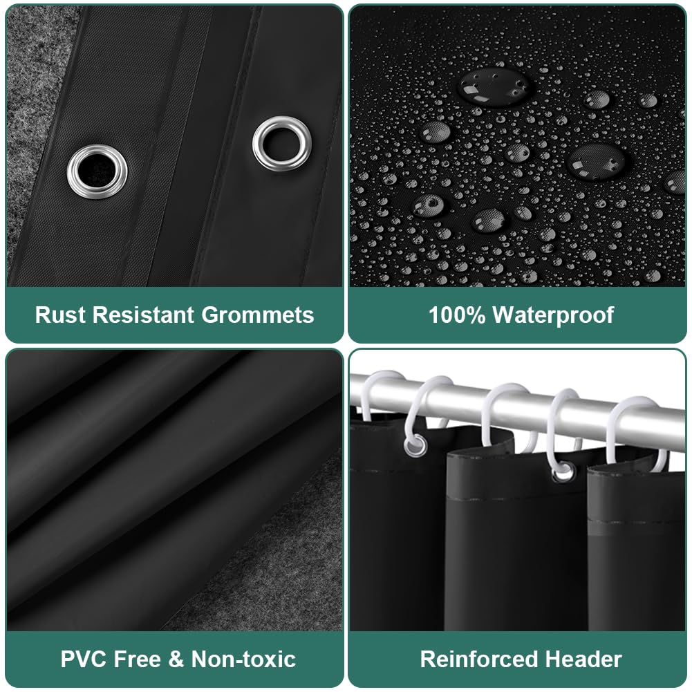 URAQT Shower Curtain Anti Mould, Upgrade PEVA Waterproof Bath Curtains, Mildew Resistant Bathroom Shower Curtains with 12 Hooks, Black Bathtub Curtains with Metal Rustproof Eyelets, 180 x 180 cm - Image 3