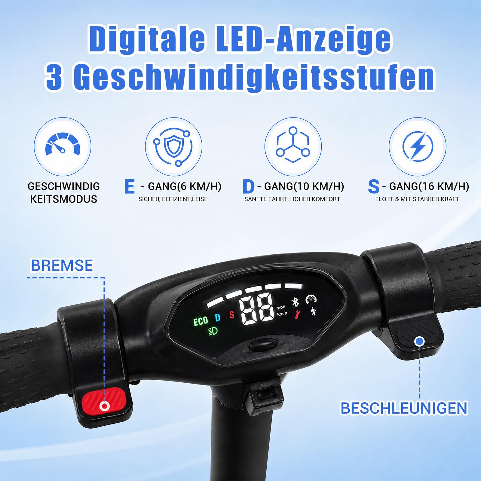 Elektroroller für Kinder von 6-16 Jahren 100cm-160cm 5.2A Batterie 3 Geschwindigkeitsstufen (6/10/16 km/h) 16km Reichweite Höhenverstellbar Reichweite faltbar LED-Display E-Scooter für Kinder
