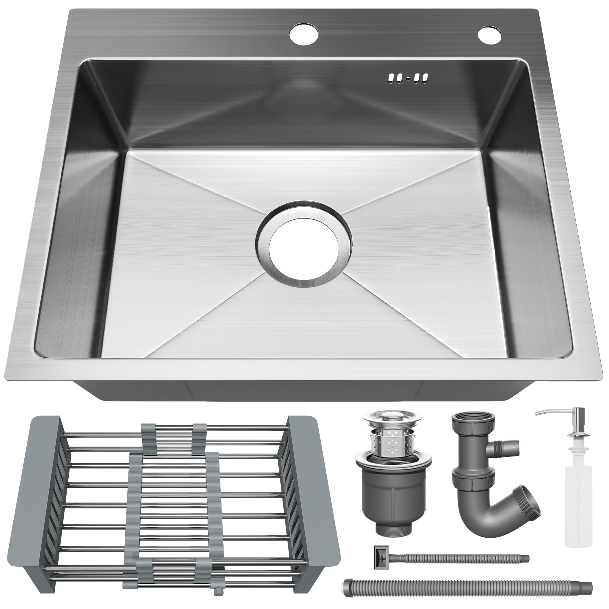 STANEW Lavello Cucina in Acciaio Inox 55 x 45cm,con Dispenser sapone, Lavello da Incasso A 1 Vasca,con Troppopieno e Sifone,Argento