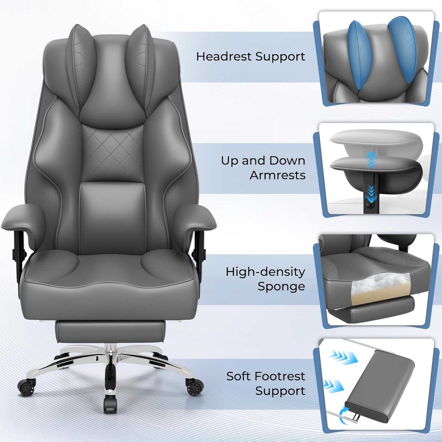 Homall Big and Tall Massage Office Chair,Reclining High Back Ergonomic Home Office Desk Chair with Adjustable Padded Armrest and Foot Rest (Leather, Grey)