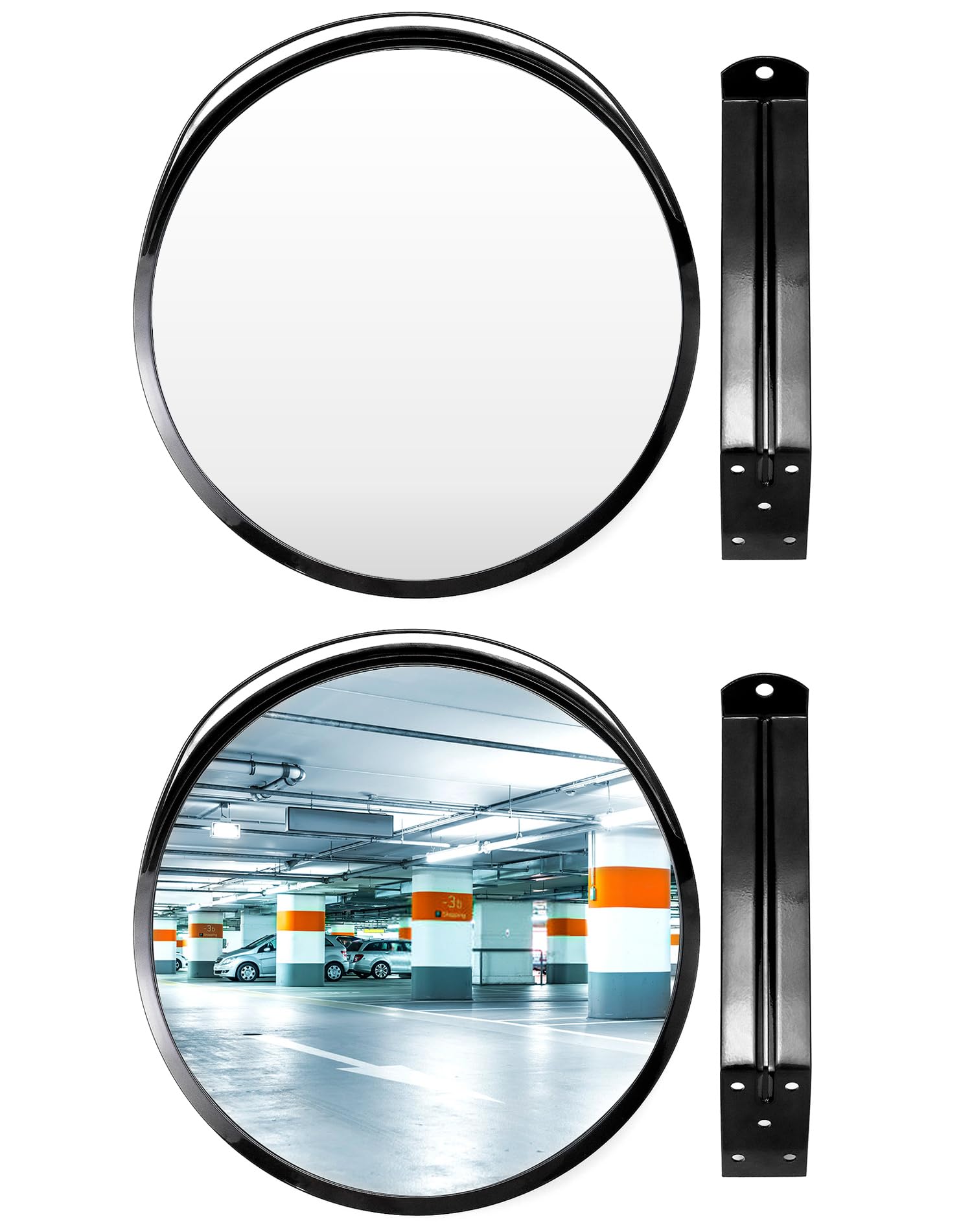 QWORK® zestaw 2 wypukłych luster, luster drogowych, lusterek bezpieczeństwa na podjazdy, magazyny, garaże i biura, Ø30cm krzywizna 130°, w zestawie wspornik i śruby