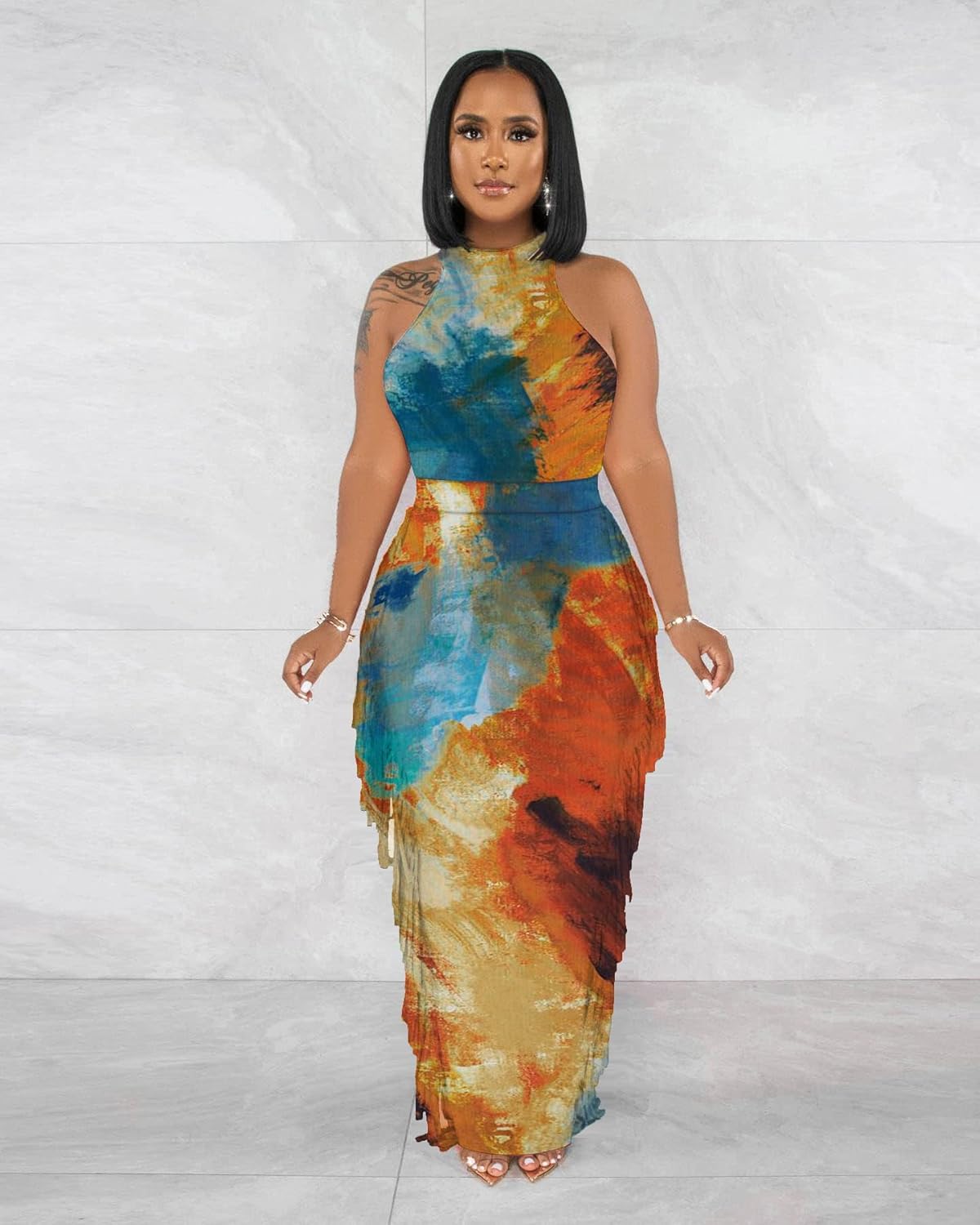 2 Piece Outfits for Women Sexy Halter Neck Sleeveless Crop Tops Ruched Bodycon Dresses Jumpsuits Fringe Skirt Sets