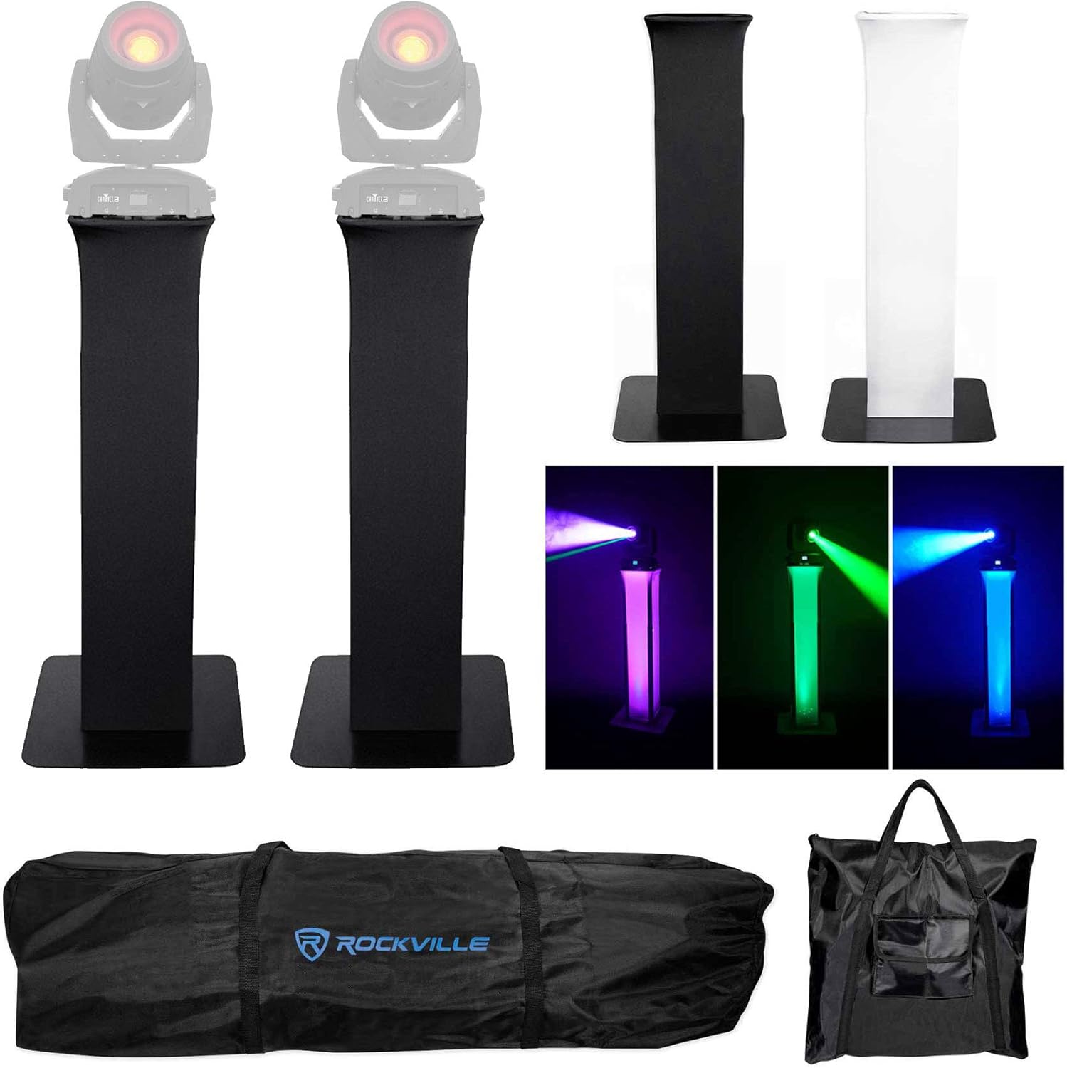 (2) Rockville RTP32B Totem Moving Head Light Stand+Black+White Scrims+Carry Bags for Chauvet Intimidator Spot 355 IRC Lights