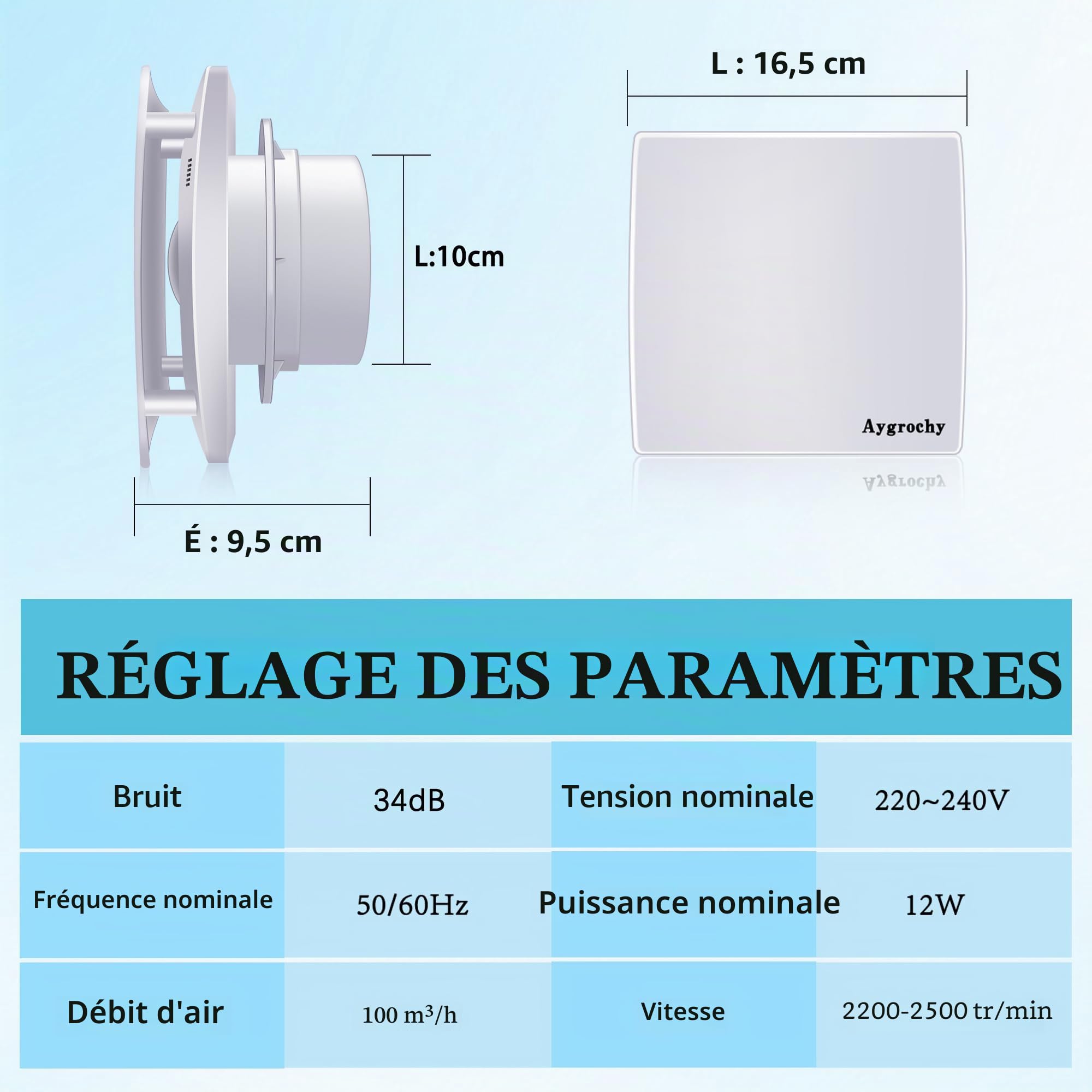 Aygrochy Ventilateur Extracteur d'Air 100mm Silencieux, VMC Salle de Bain avec Clapet Anti-Retour, Prise UE, Économe en Énergie, Pour Salle de Bain, Cuisine, Bureau, WC, Garage