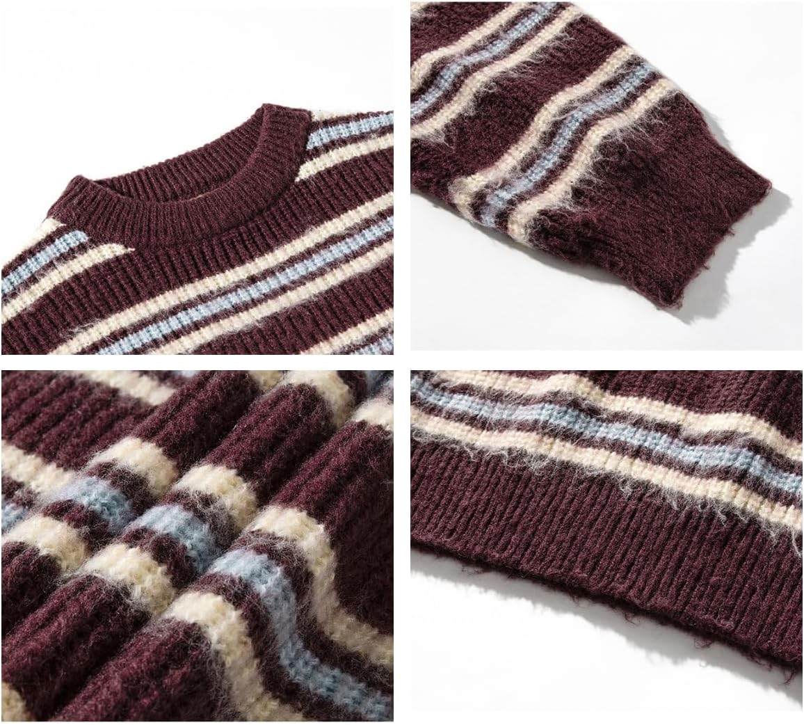 POHADON Mens Y2k Striped Sweater Vintage Aesthetic Grandpa Knitted Pullover Tops Long Sleeve Crewneck Women Grunge Clothes - Image 6