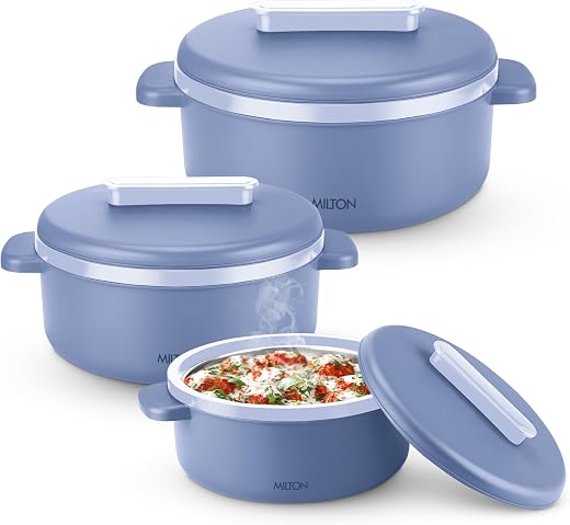 MILTON Micronova Jr. Gift Set Inner Stainless Steel Casserole, Set of 3 (380 ml, 775 ml, 1345 ml), Light Blue, BPA Free, F...