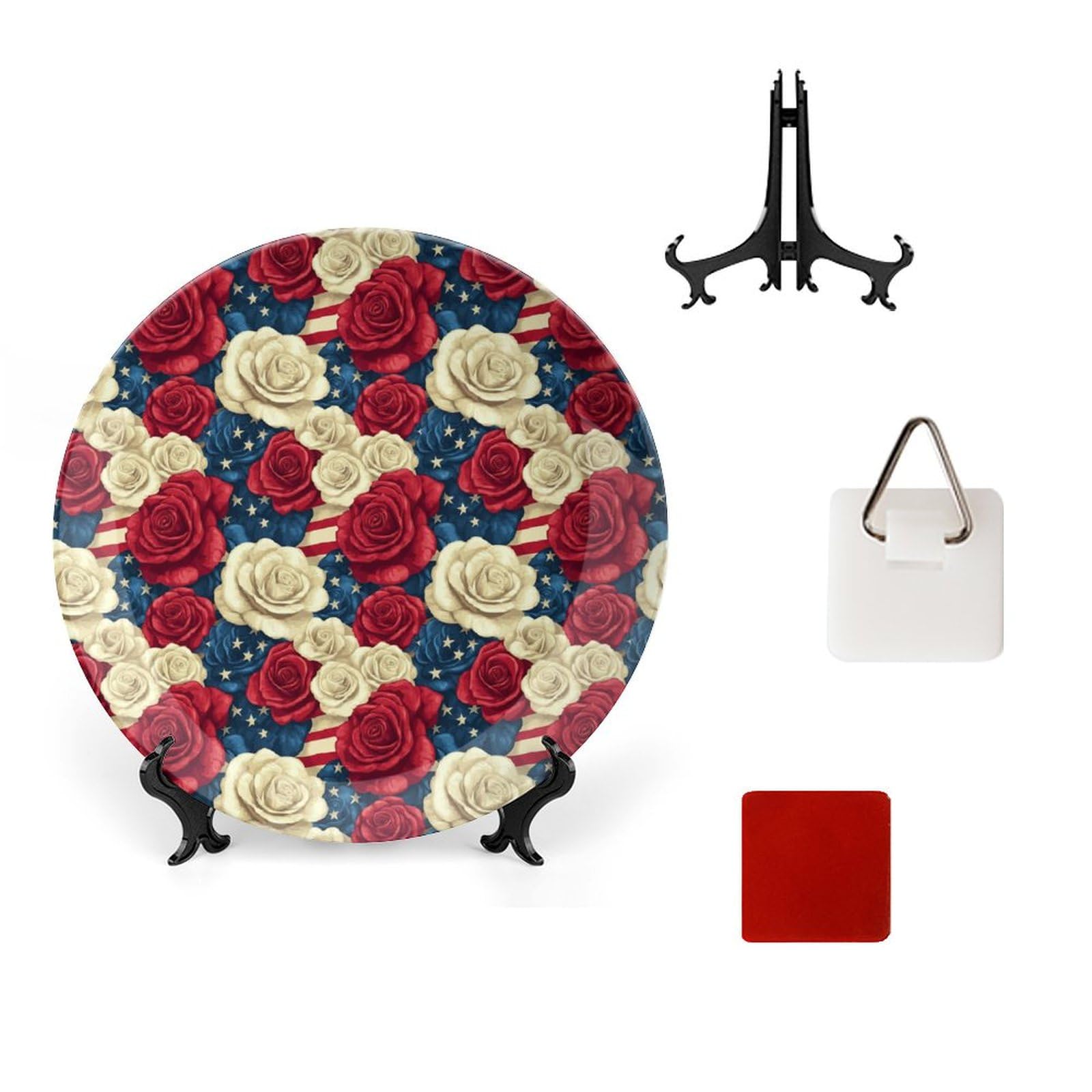 DULAHR American Flag Rose Bone China Decorative Plate Ceramic Decorative Plate Home Wall Decor with Vertical Stand Decorative Plates
