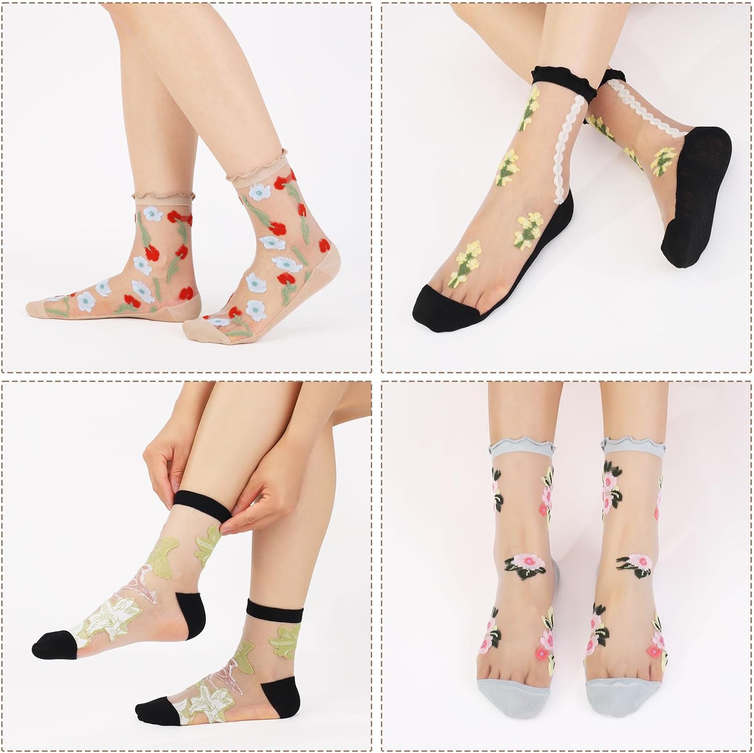 9/12 Pairs Womens Sheer Socks, Cute Transparent Summer See Through Vintage Floral Mesh Lace Glass Tulle Socks
