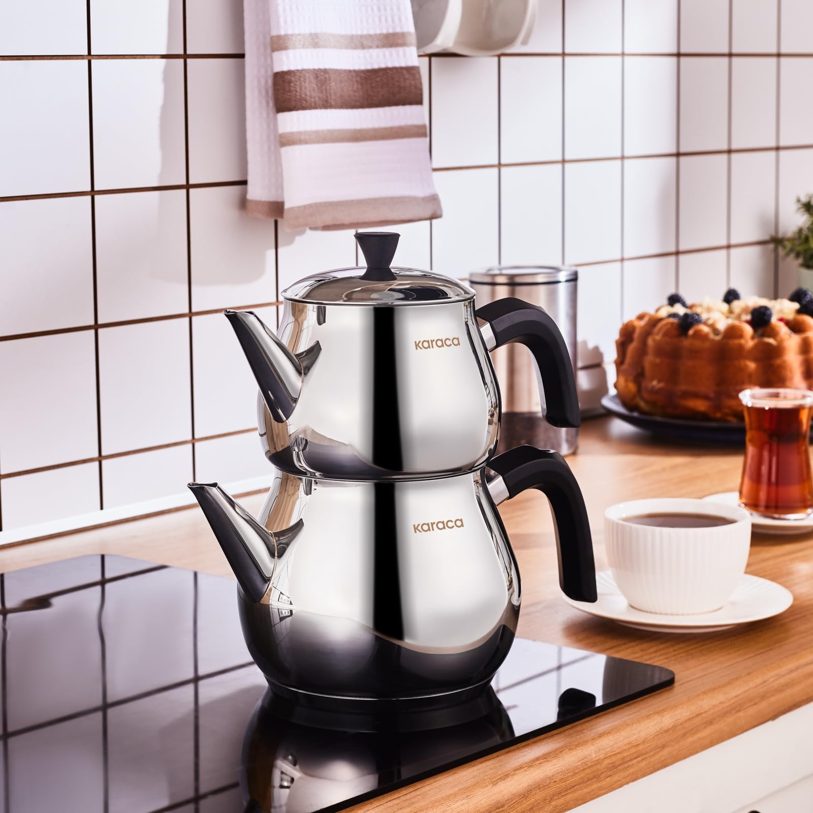 Karaca Kayra Teapot Set, Stainless Steel, Tea Pot 33 oz, Kettle 59 oz, Black Silver, Suitable for Induction, Tea Maker, Kettle, Turkish Tea Kettle