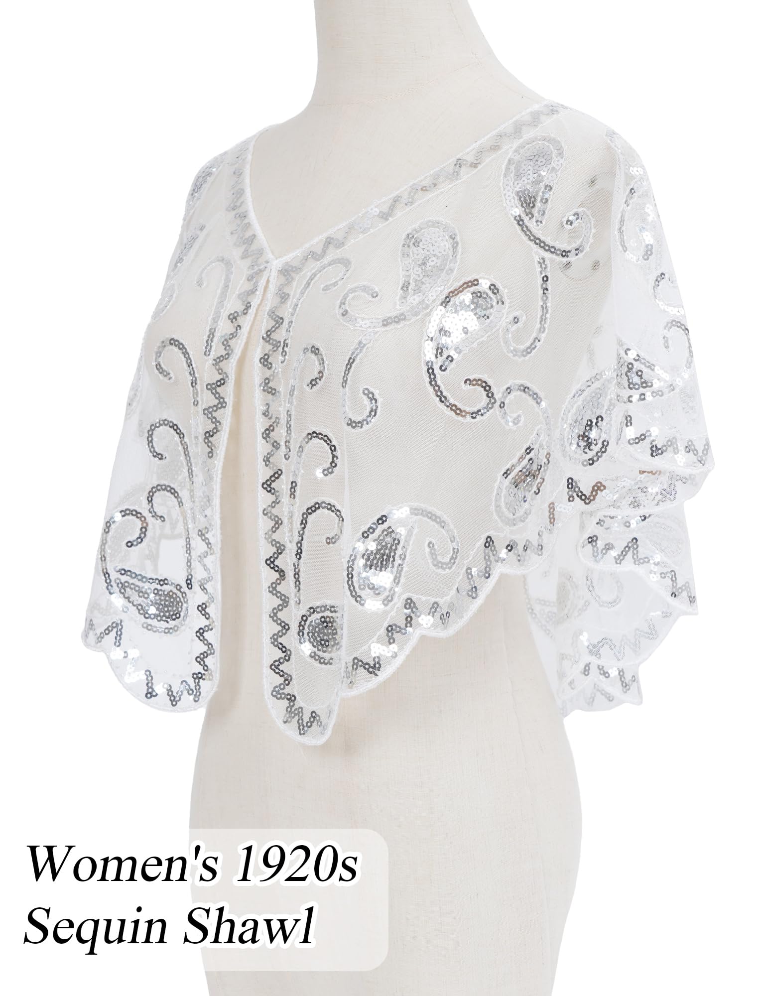 Ausing Women's 1920s Shawl Sequin Evening Cape Flapper Shrug Great Gatsby Retro Tulle Shawls Vintage Mesh Shawl Wraps Shiny Short Art Deco Wrap Bridal Party Wedding Cover Up White - Image 2