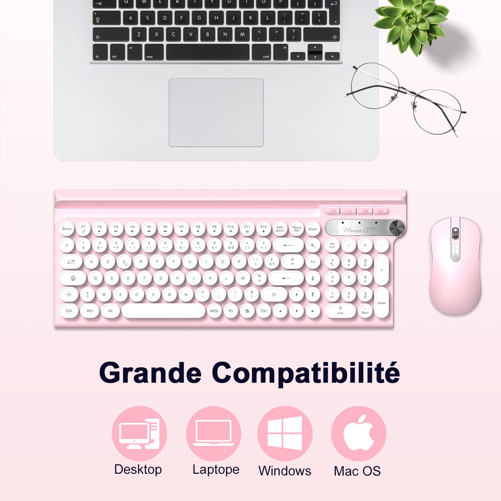 RaceGT Clavier Souris sans Fil 2.4GHz USB-A, Silencieux, Ergonomique | Clavier sans Fil AZERTY Français, 12 Raccourcis, 1600 DPI, Portable, pour PC/Laptop/Windows/MacOS, Bureau-Rosa
