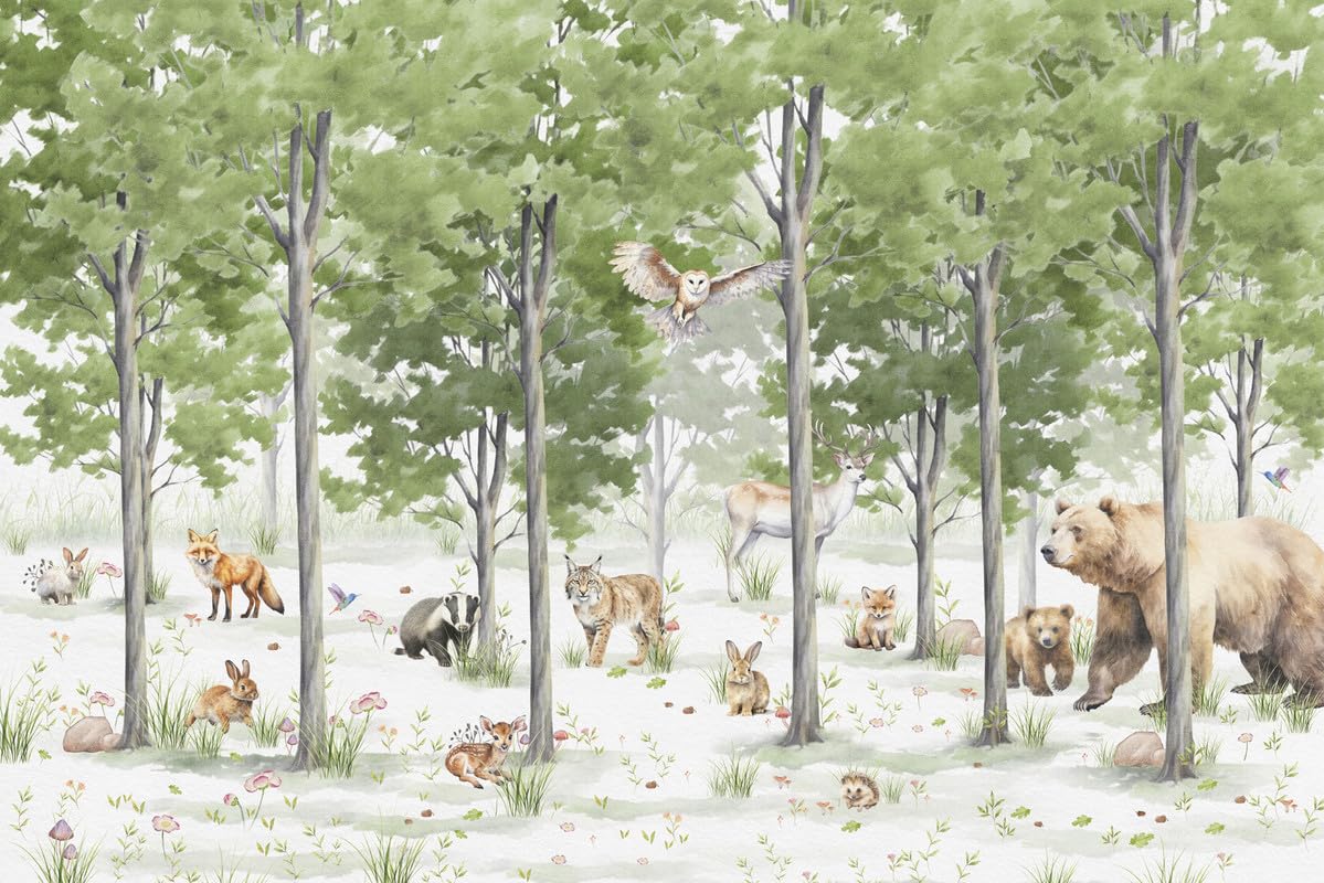 Papier peint forêt chambre enfant vert marron beige 3,75 m x 2,50 m avec colle