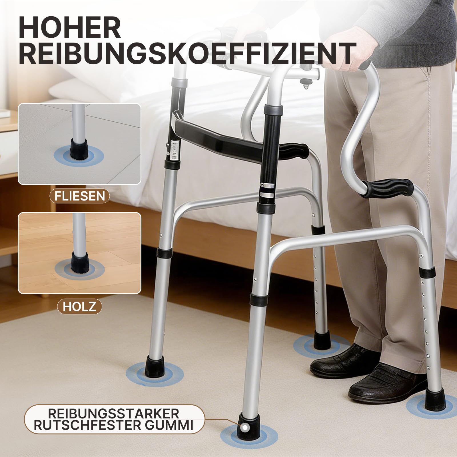 Składany wózek spacerowy z aluminium 6063-T5, regulacja wysokości (77-95 cm), tryb fix i wibracja 2 w 1, antypoślizgowe uchwyty, czteropunktowa stopka, obciążenie do 100 kg – pomoc dla seniorów i