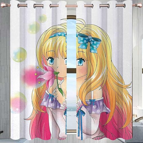 Miniatura 2 de Cortinas negras de animedormitorio 2 paneles rosa amarillo cortinas gruesas (W) 55 x (H) 55 pulgadas (alto)