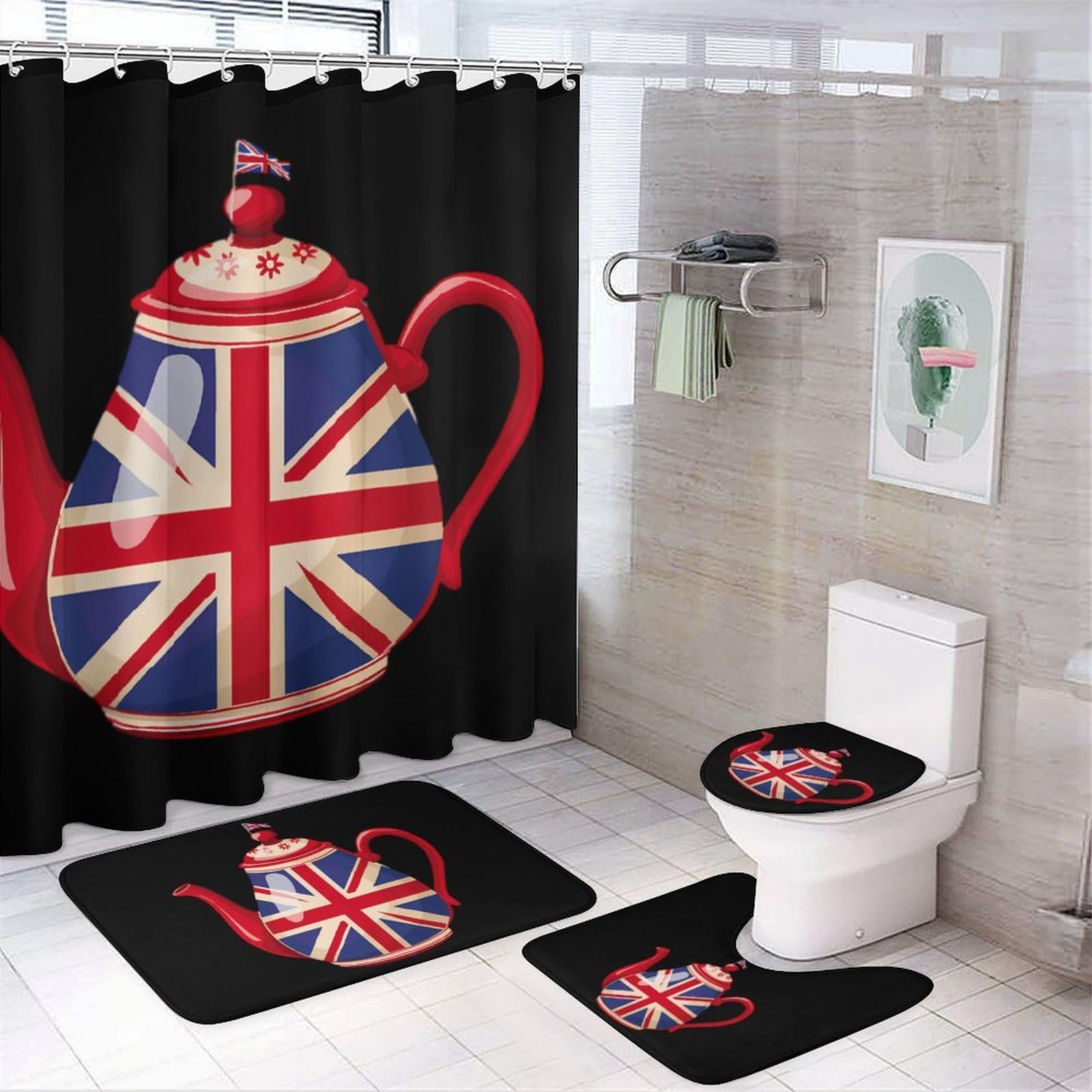 CGSBNGHA British Tea UK Teapot Union Jack Flag Shower Curtain Set 4 Piece Bathroom Sets with Rugs Toilet Lid Cover And U-Shaped Floor Mat
