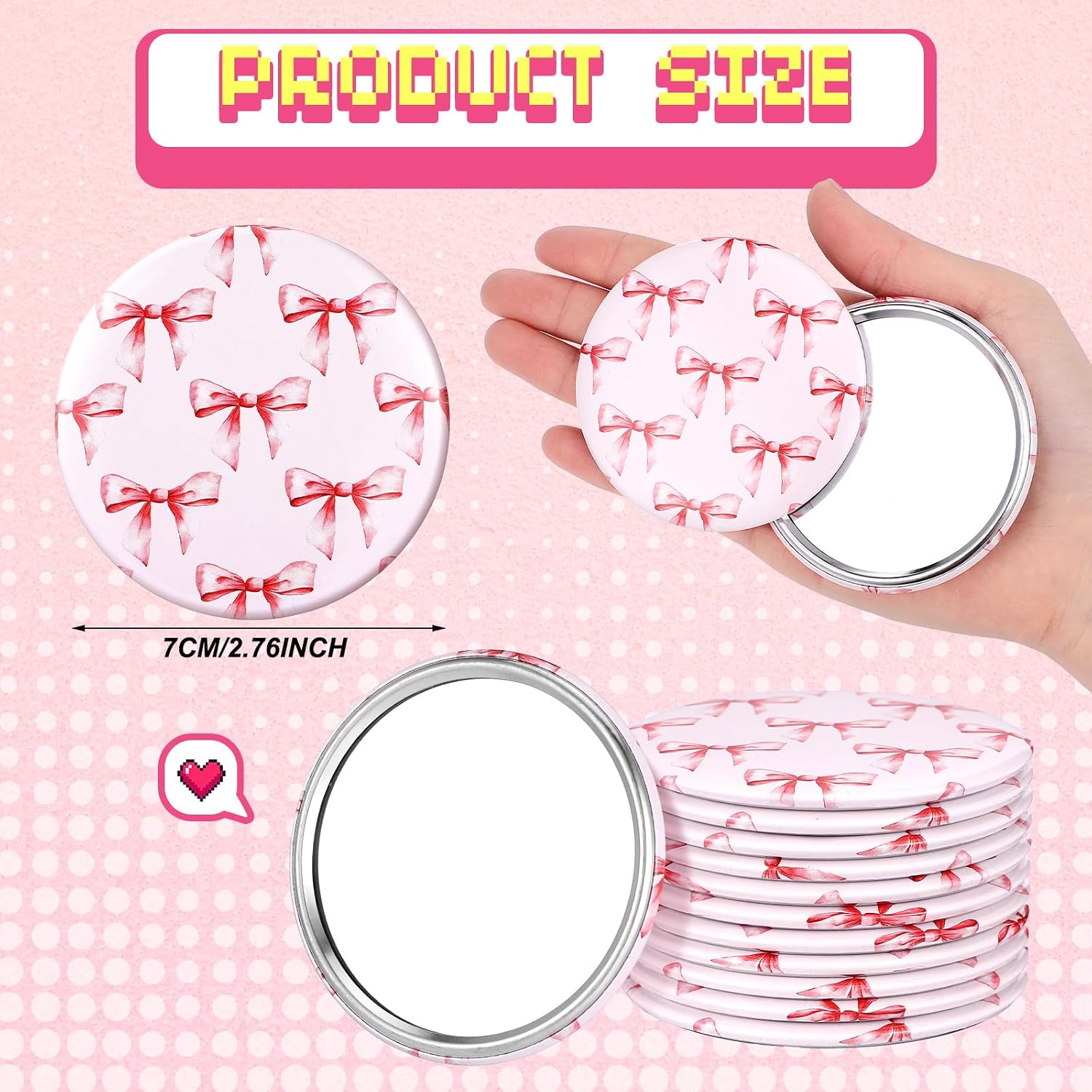 Marsui 12 Pcs Bow Party Favors Coquette Pink Bow Compact Mirror Bulk 2. 76 Inch Portable Round Pocket Makeup Travel Mirror Aesthetic Gift for Women Mom Shower Bridal Bachelorette Party Decoration