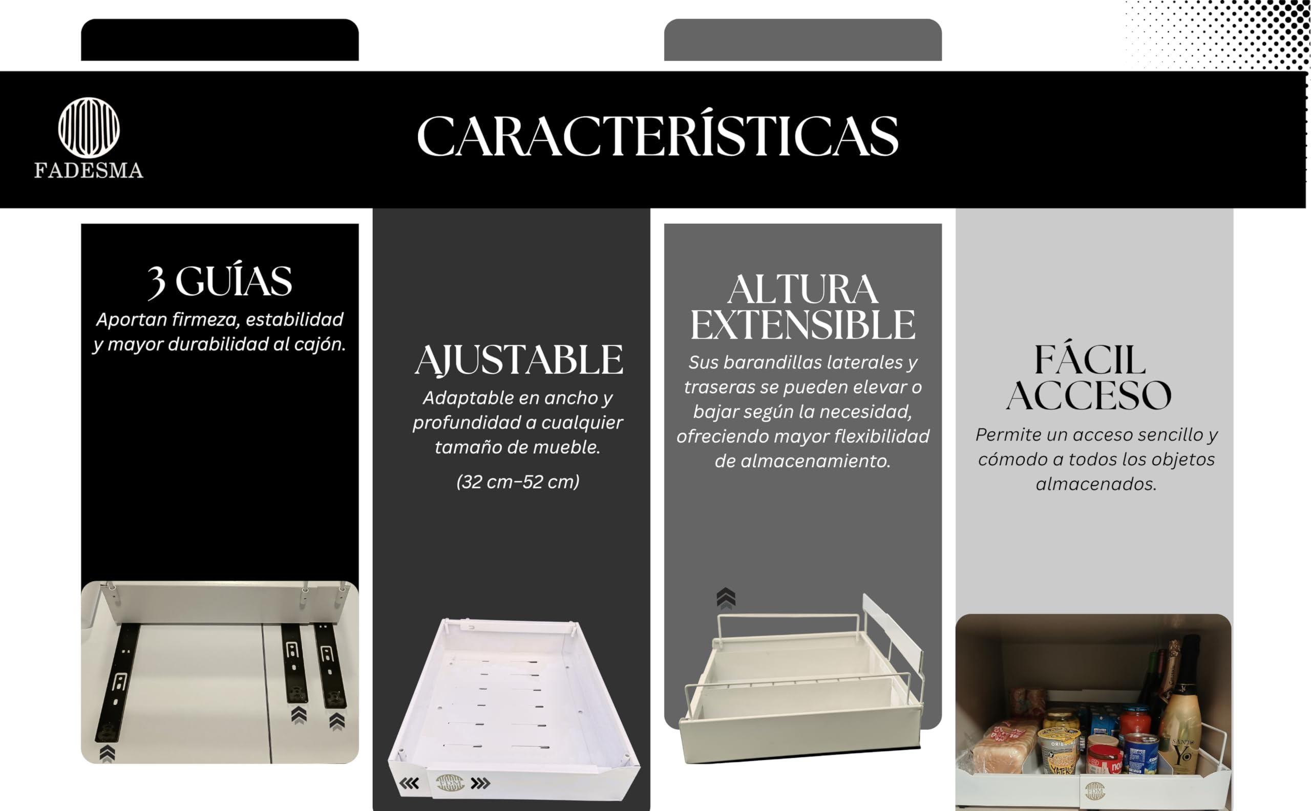 Pack de 2 bandejas extraibles para armarios cocina, cajón extraible extensible con separadores metálicos y rollo protector, más espacio y orden