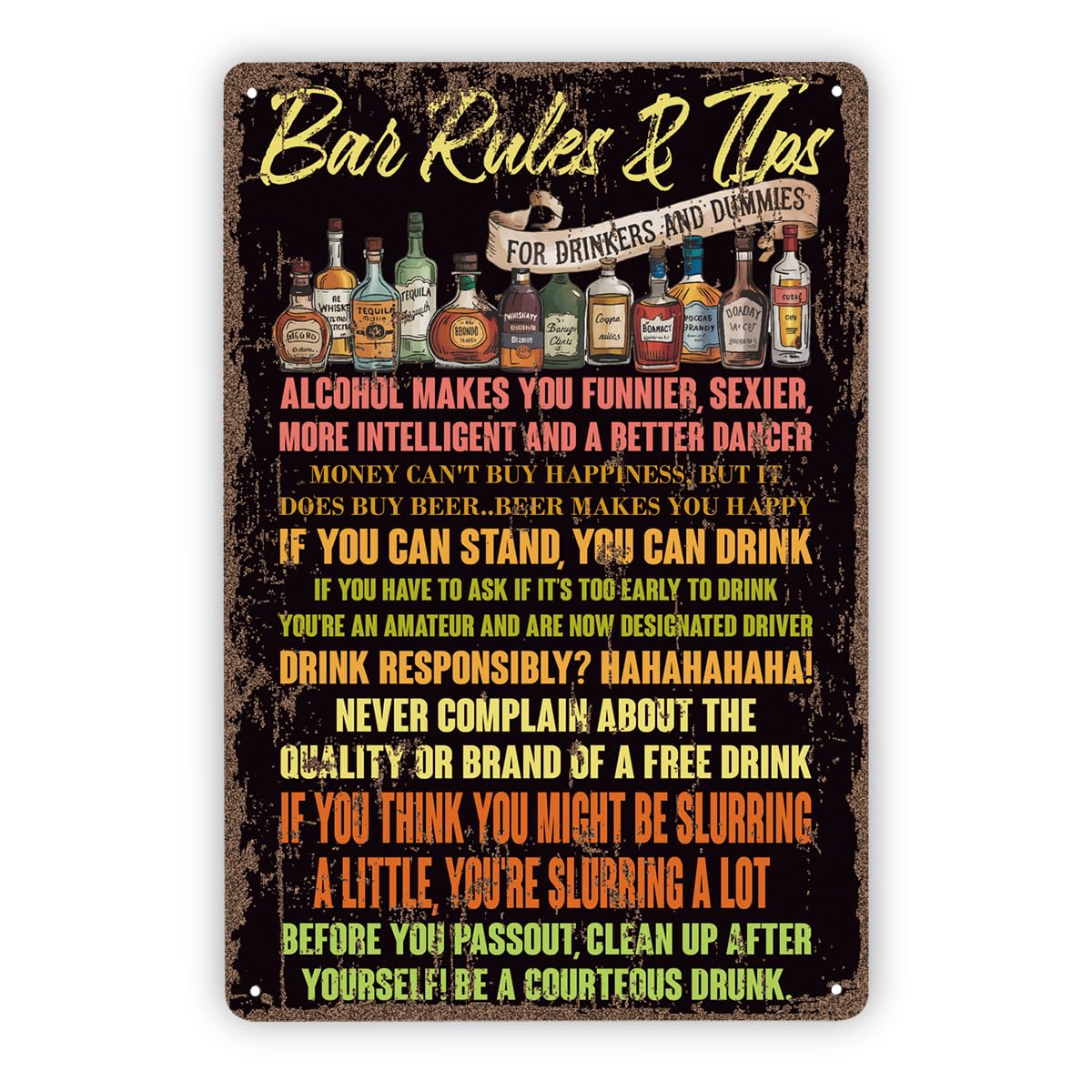 Bar Rule & Tips Funny Wine Bar Tin Sign, 11.8x7.9in