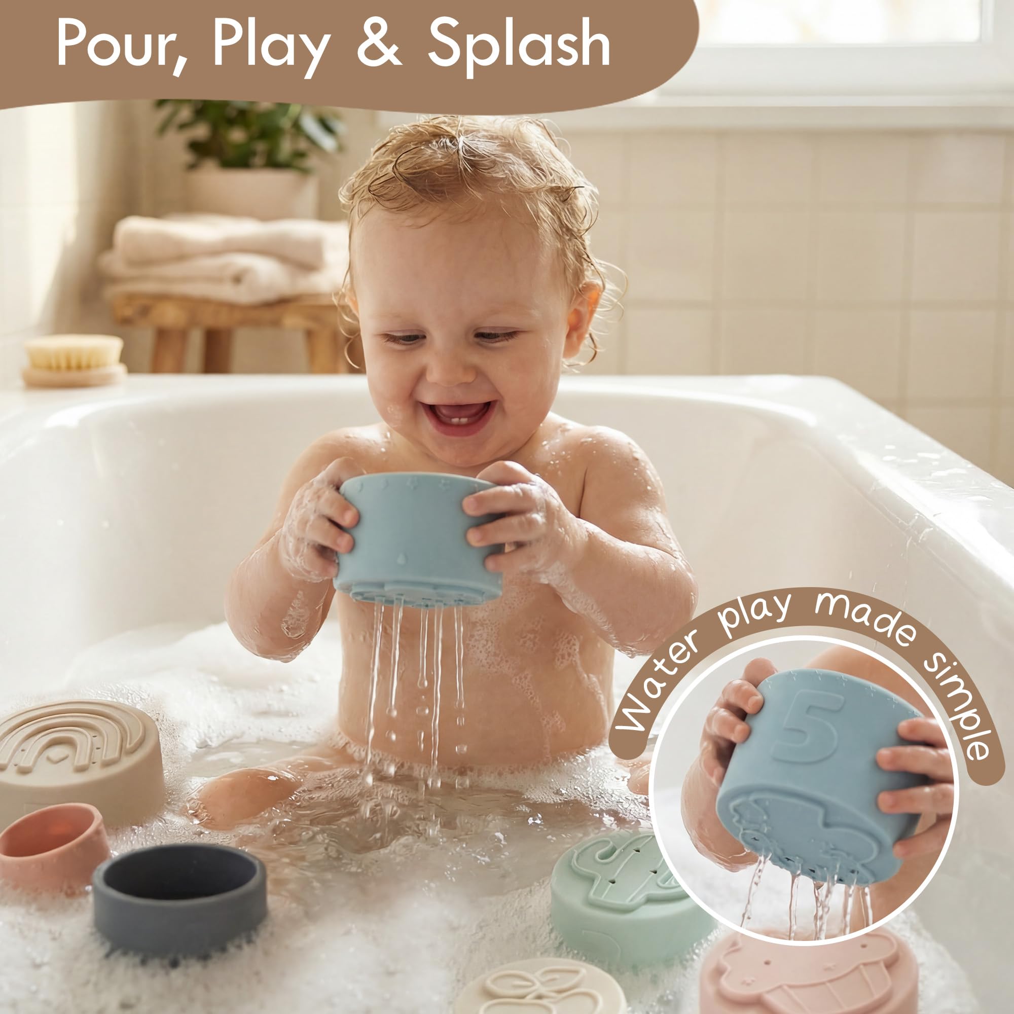Moonkie Baby Stacking Cups Toy, zabawna edukacja układa kubka silikonowa zabawka dźwiękowa (Fine Day)
