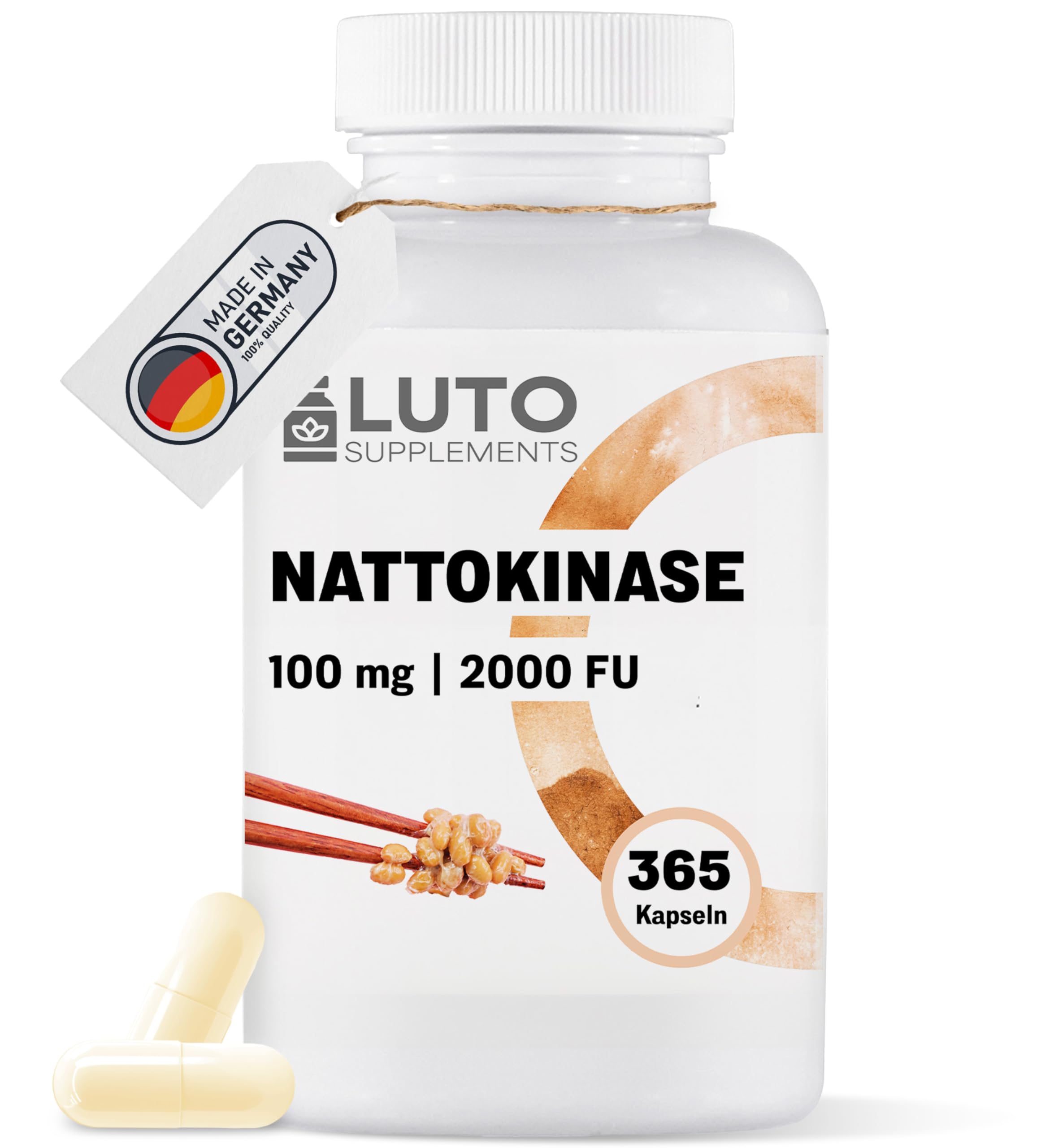 Nattokinase - 365 Kapseln - 100 mg (20.000 FU/g) - 12 Monate Vorrat - Laborgeprüft - hochdosiert - vegan - aus GVO-freiem Soja - ohne unerwünschte Zusätze - LUTO Supplements