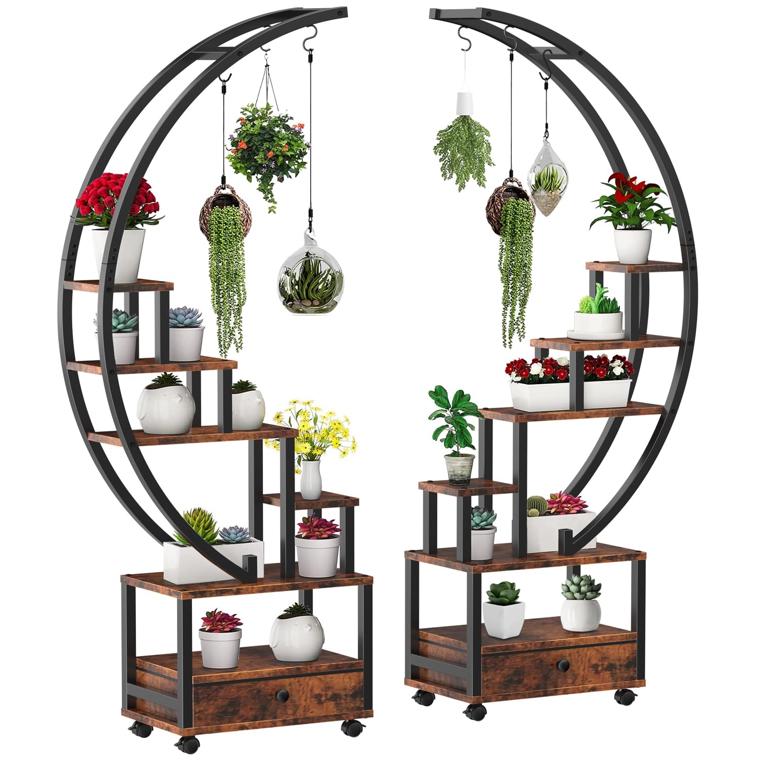 FRIZIONE 2-Pack 6-Tier Metal Plant Stand with Wheels and Drawer for Indoor Use