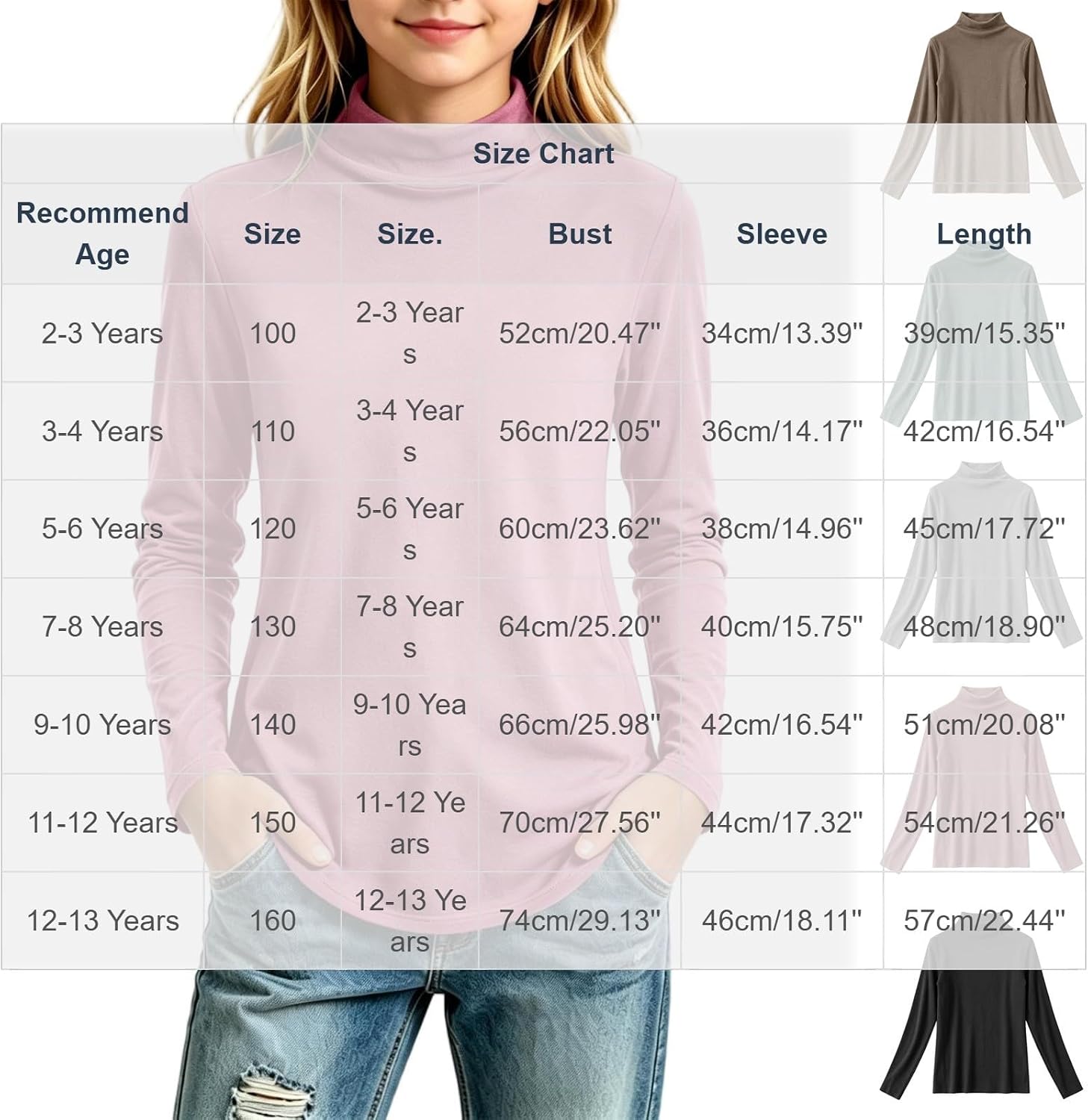 Girls Turtleneck Long Sleeve Shirts Layering Tops 2-13 Years